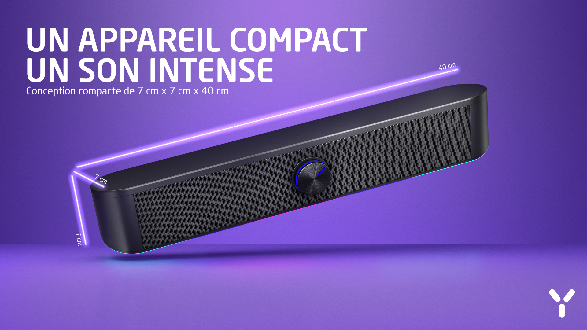 Czarny głośnik, 7x7x40cm, z pokrętłem i fioletowym oświetleniem.
