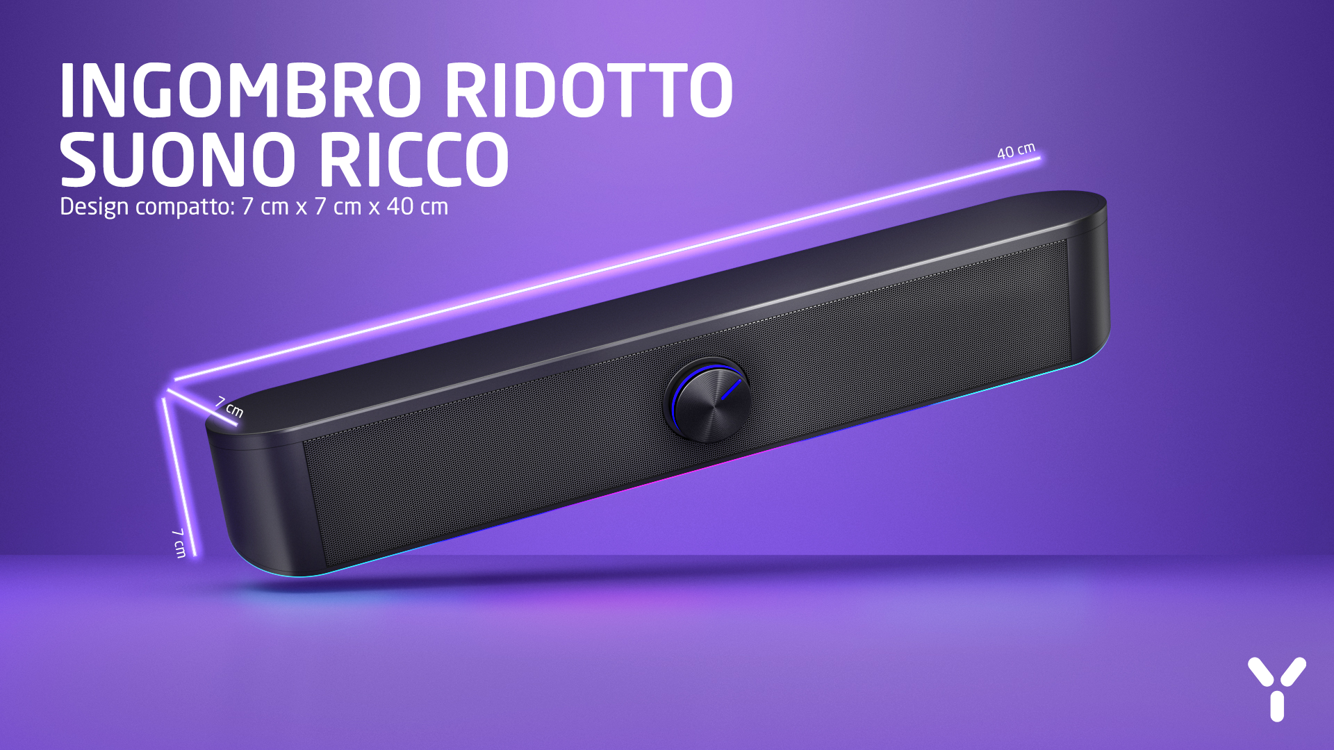 Czarny głośnik o wymiarach 7x7x40 cm, oświetlony fioletowym światłem.