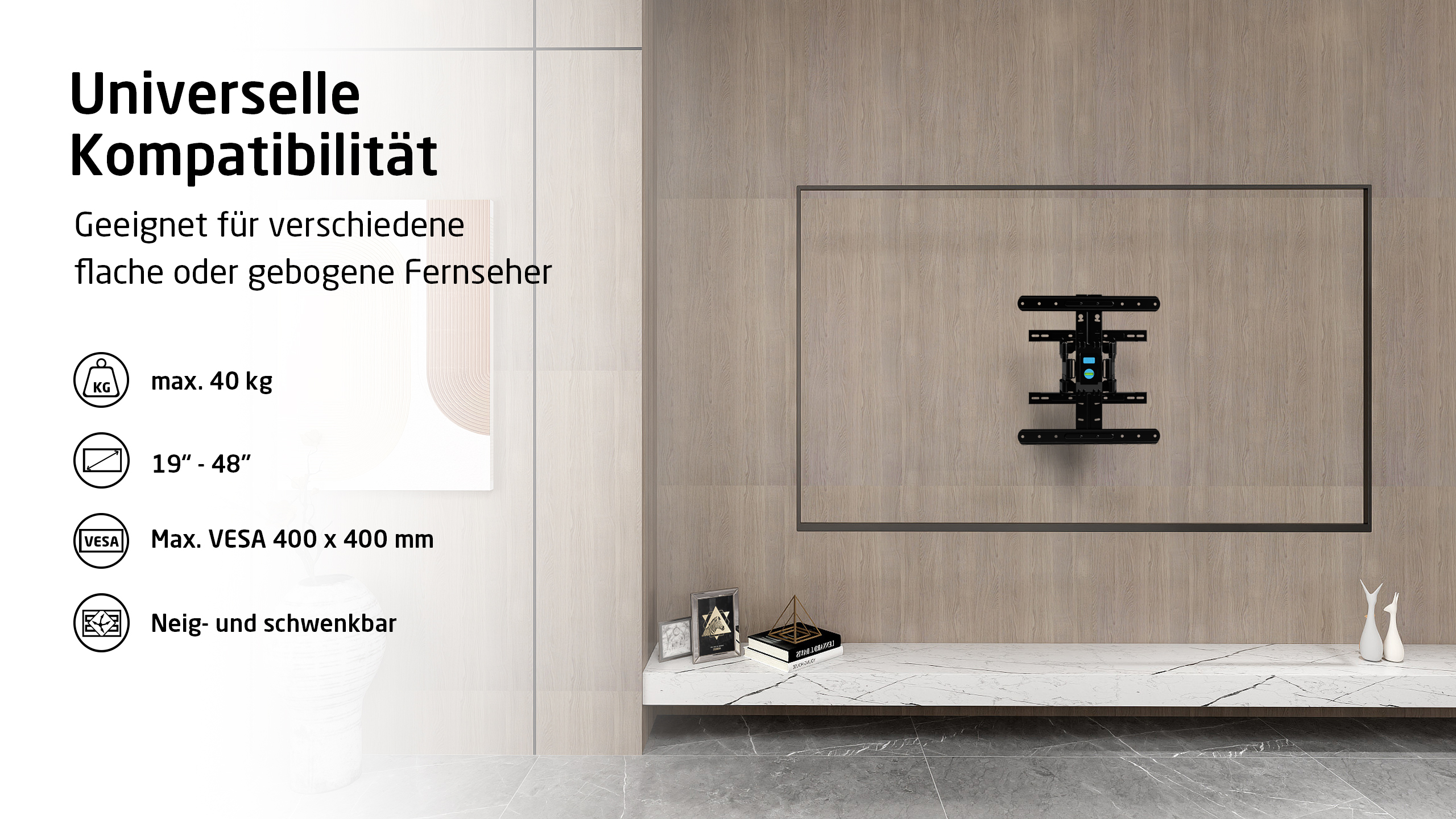 Czarny uchwyt TV na drewnianej ścianie, ze specyfikacjami kompatybilności.