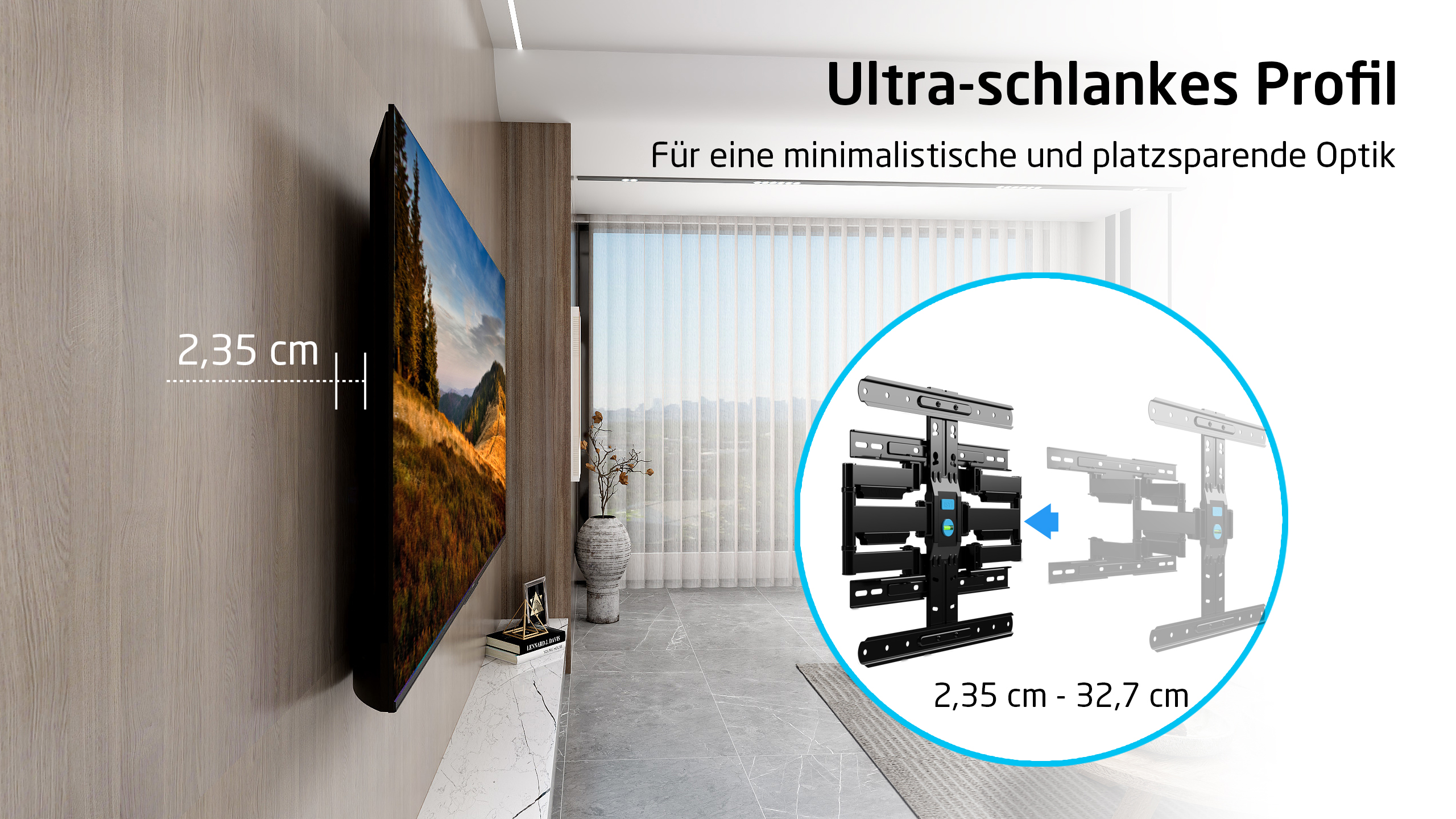 Ultracienki profil uchwytu TV naściennego, odstający 2,35 cm od ściany.