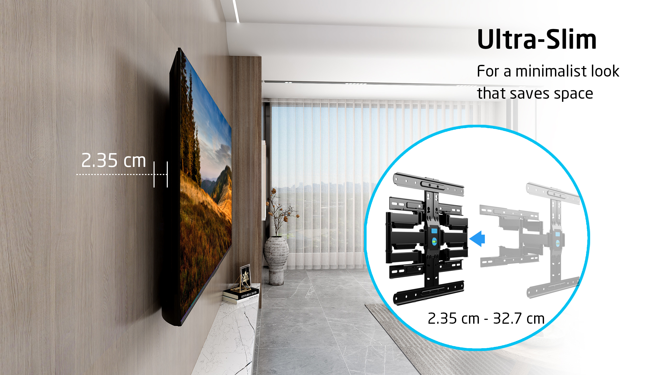 Ultracienka uchwyt ścienny do telewizora, 2,35 cm od ściany.