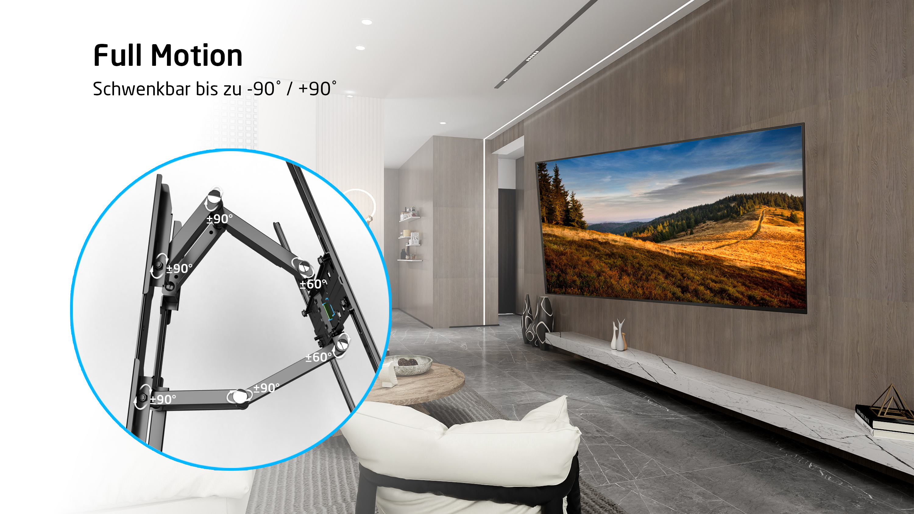 Pełne ramię uchwytu TV, obrót do +/- 90 stopni.