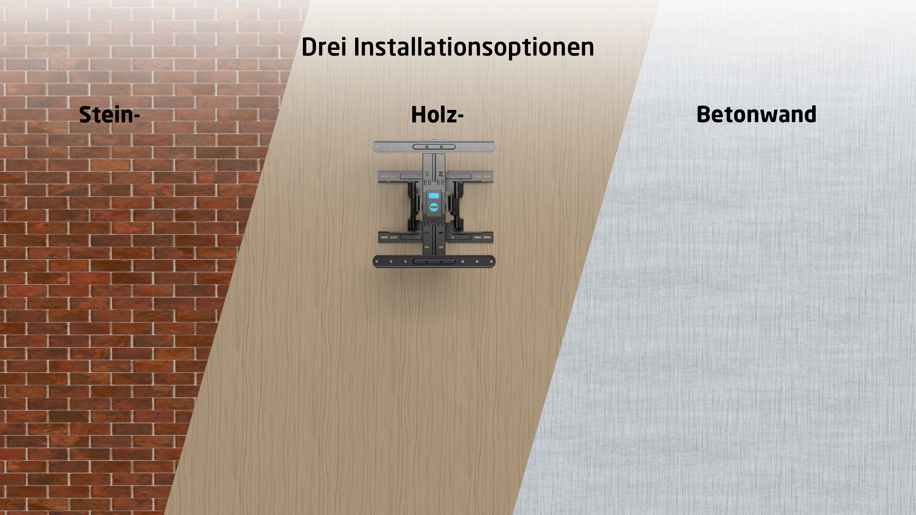 Trzy opcje montażu na ścianie: kamień, drewno i beton.