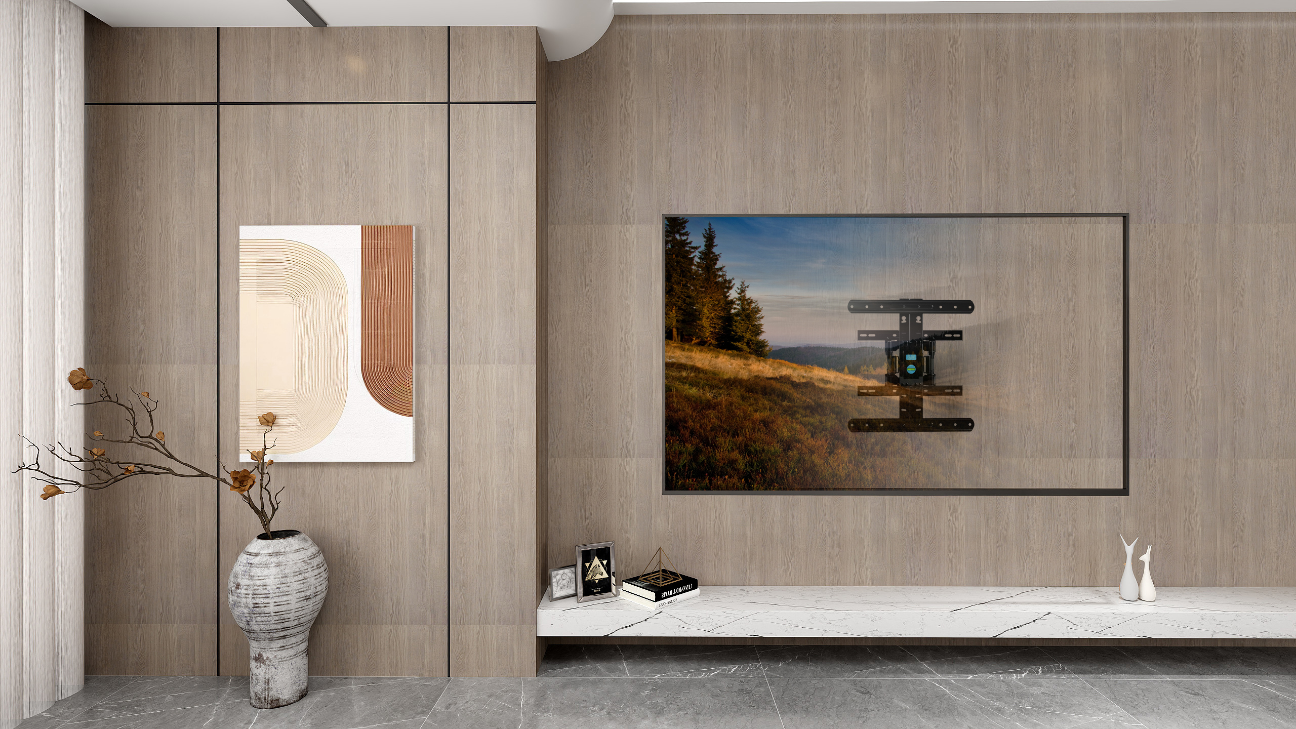 Nowoczesny salon z drewnianą ścianą, telewizorem, sztuką i dekoracjami.