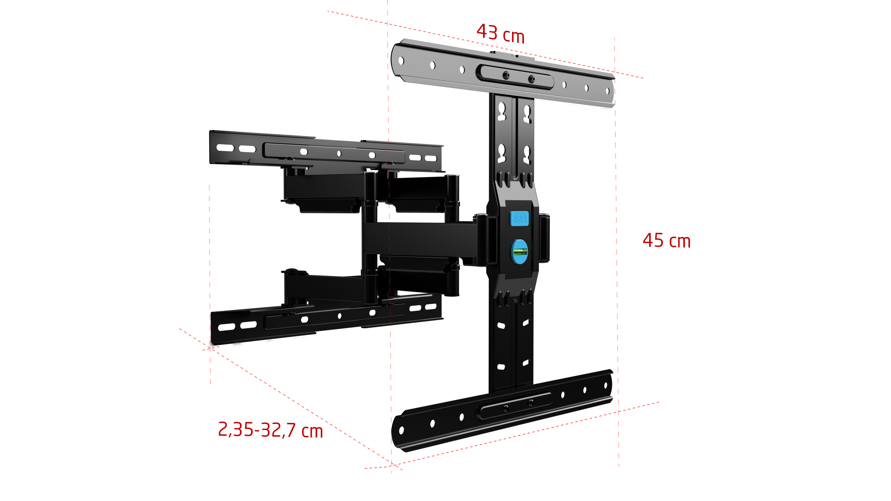 Czarny uchwyt ścienny do telewizora o wymiarach 43 cm, 45 cm i 2,35-32,7 cm.