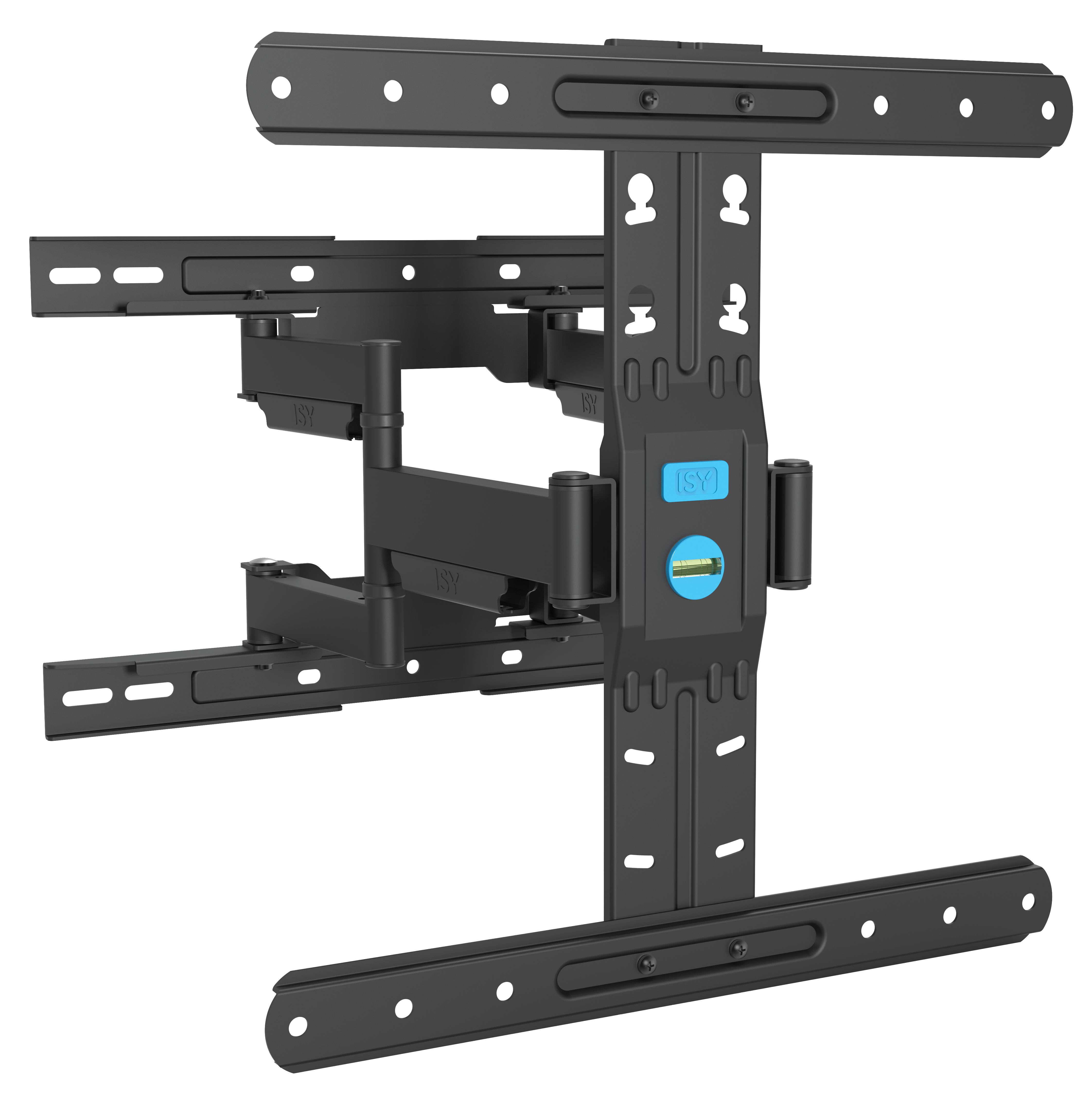Czarny, regulowany uchwyt ścienny do telewizora z wbudowaną poziomicą.