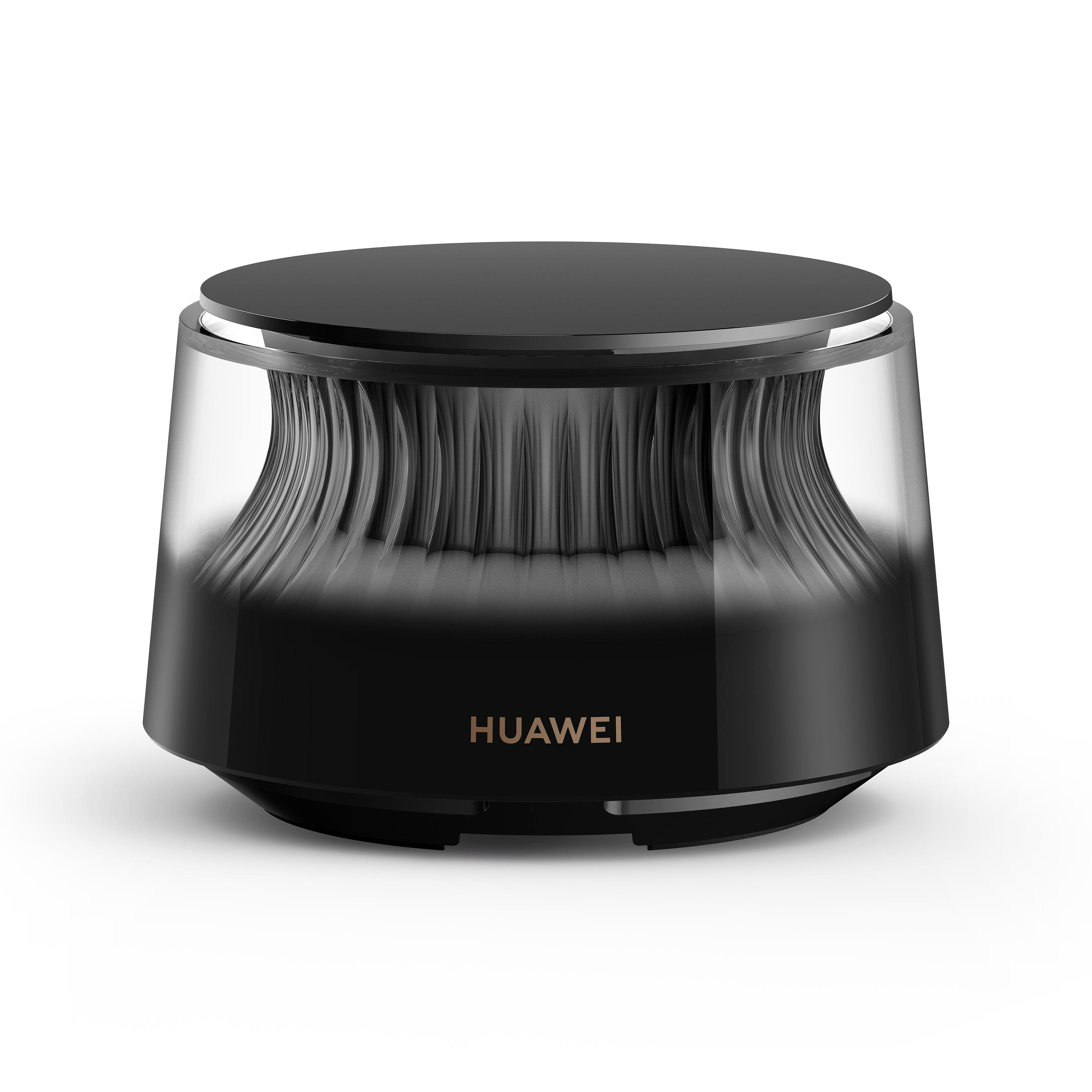 Schwarzer Huawei Lautsprecher mit transparentem, geriffeltem Gehäuse und silbernem Rand.