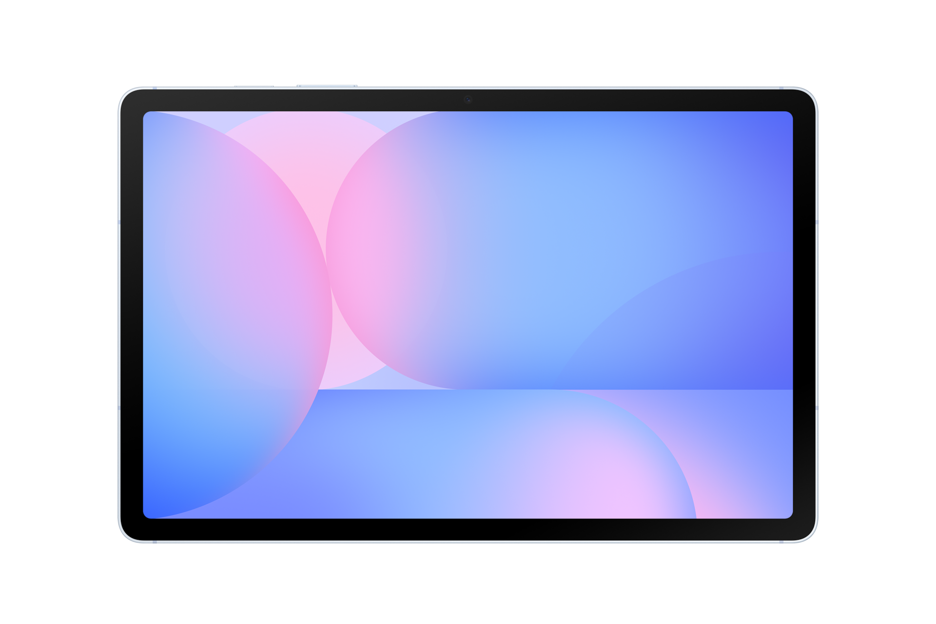 Tablet z niebiesko-różowym abstrakcyjnym tłem na czarnym.