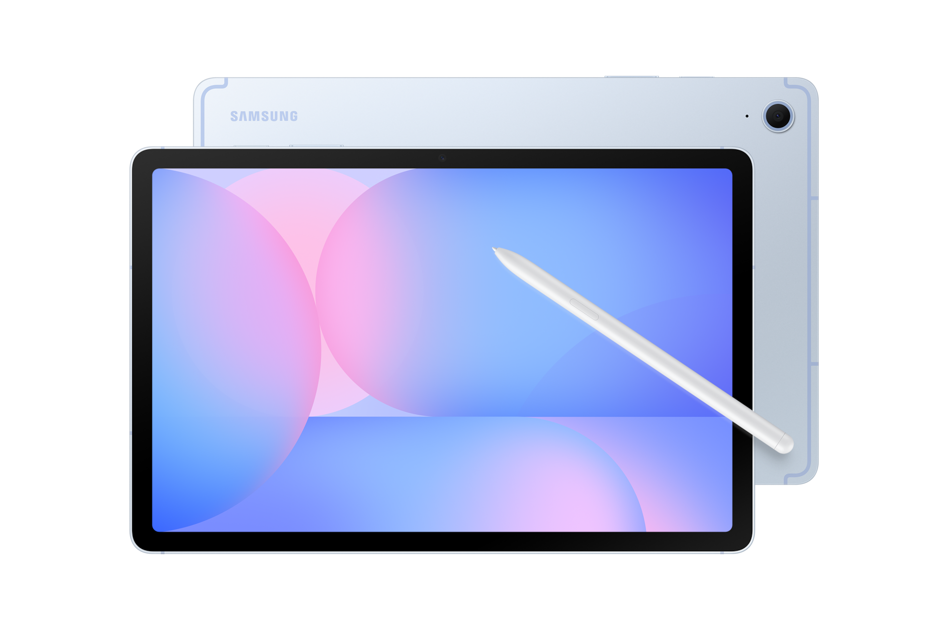 Jasnoniebieski tablet Samsung z rysikiem na ekranie.