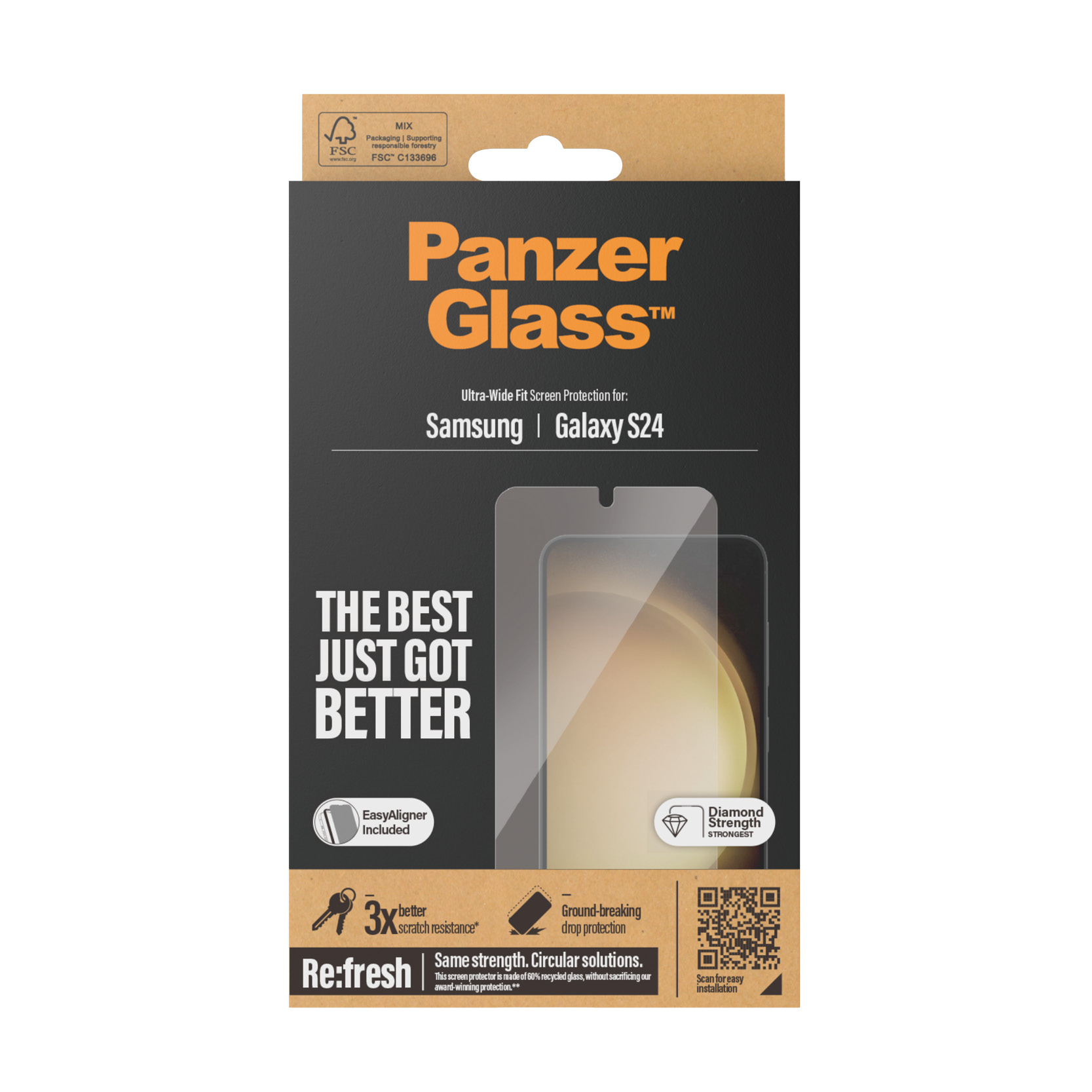 Opakowanie folii Panzer Glass S24 z logo FSC i instrukcją montażu.