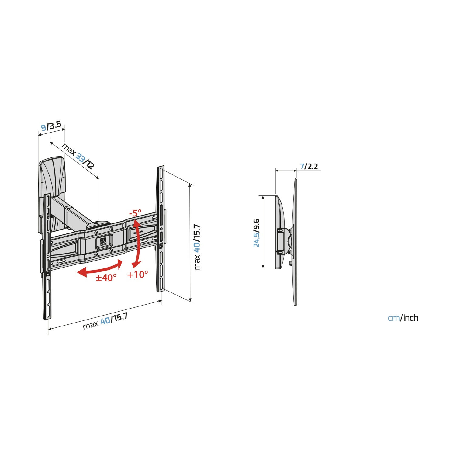 Disegno tecnico di un supporto da parete per TV con dimensioni.