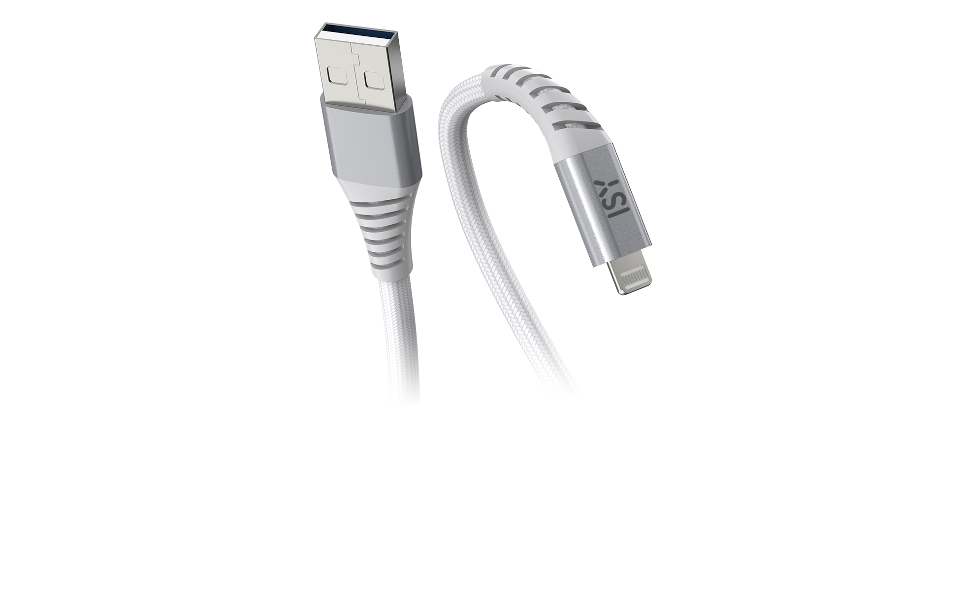 Biały kabel USB do Lightning ze srebrnymi złączami i rowkowanym wzorem.