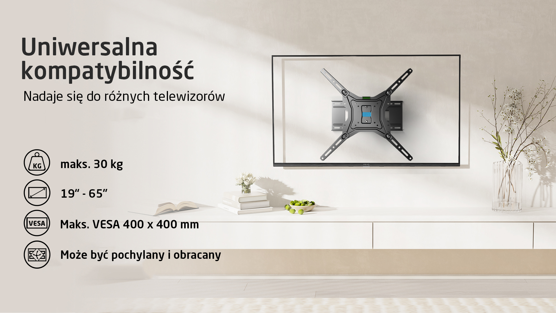 Czarny uchwyt ścienny do TV 19-65 cali, do 30 kg, VESA 400x400.