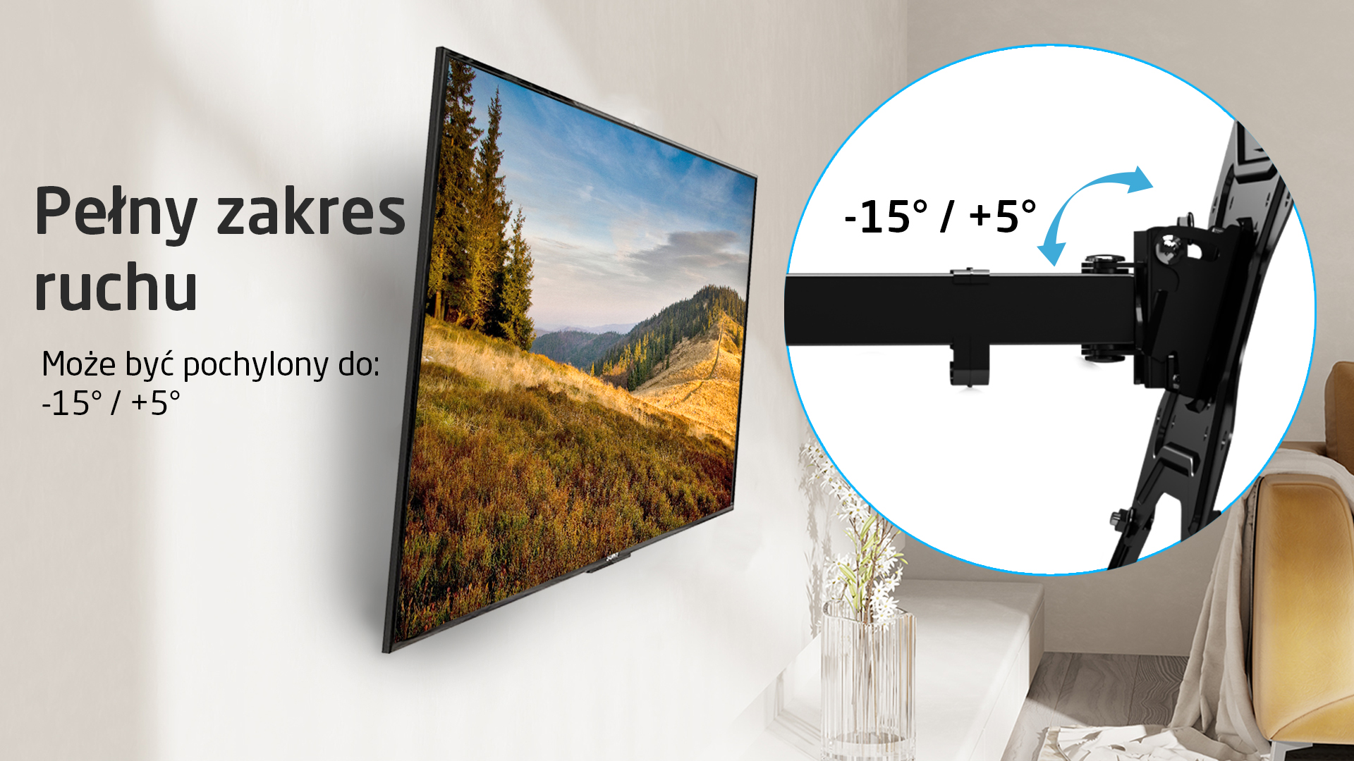 Telewizor zamontowany na ścianie, z zbliżeniem na funkcję pochylenia od -15° do +5°.