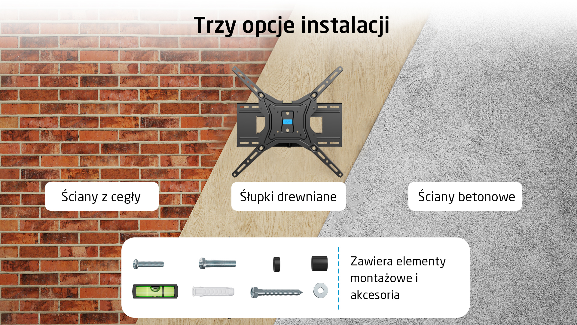 Uchwyt TV z trzema opcjami montażu: ściana z cegły, drewna i betonu. Zawiera akcesoria.