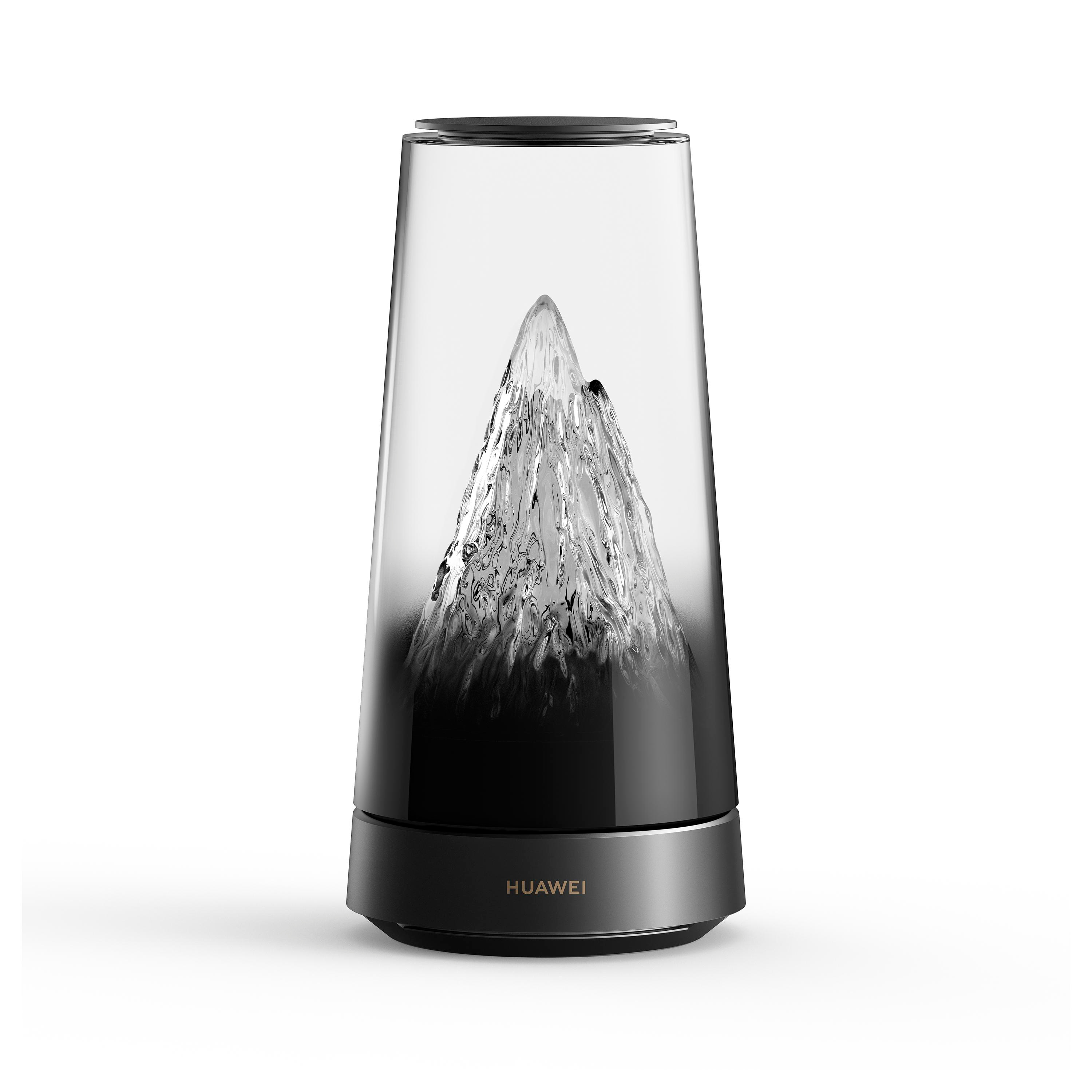 Ein Glaszylinder mit einer Bergform aus Wasser im Inneren auf schwarzer Basis.