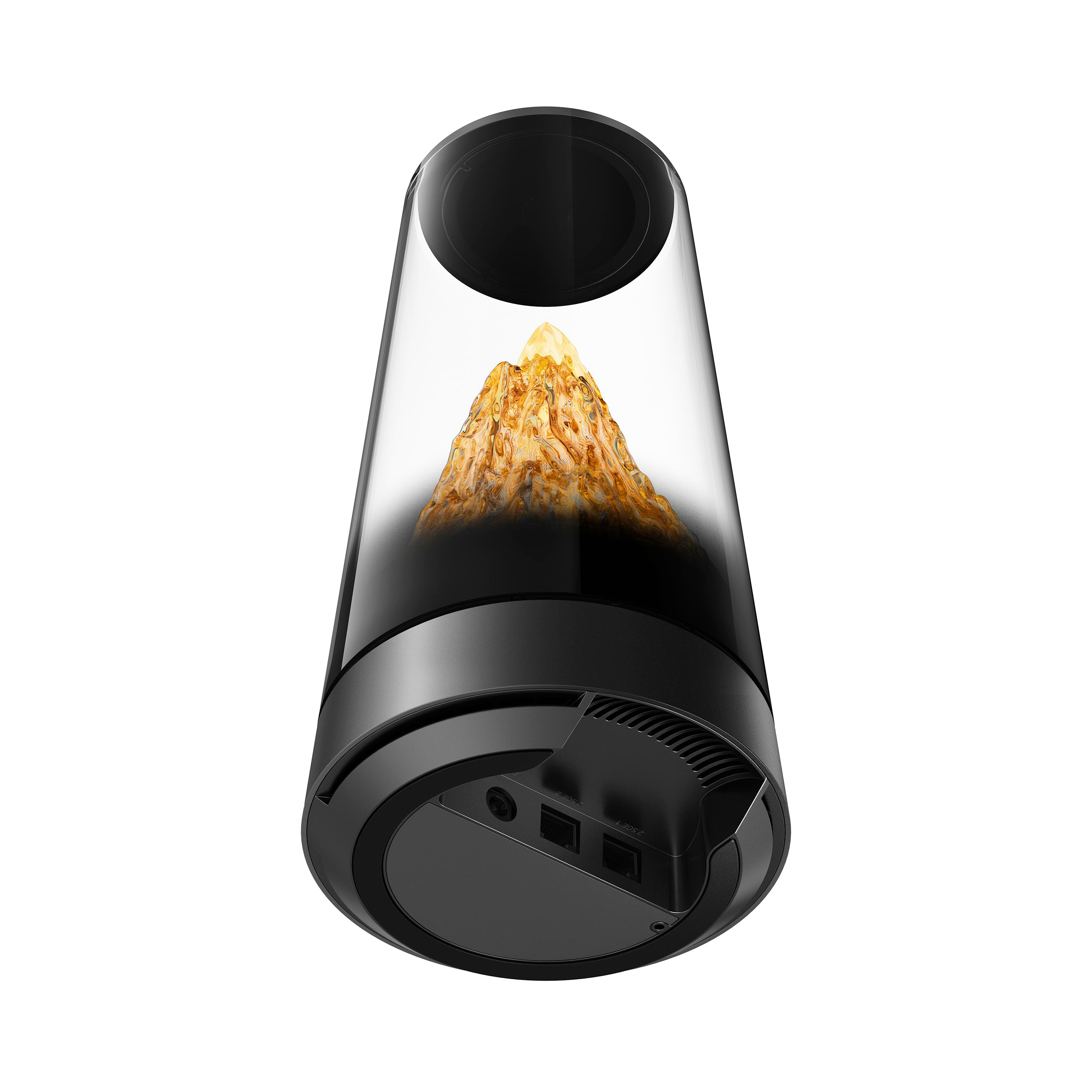 Ein schwarzes Gerät mit einem durchsichtigen Zylinder, der einen goldenen Berg enthält.