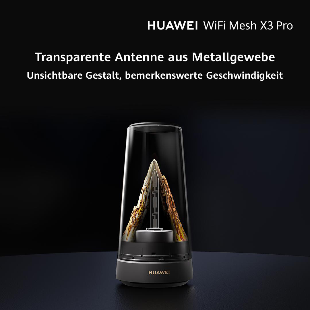 HUAWEI WiFi Mesh X3 Pro mit transparenter Antenne aus Metallgewebe.