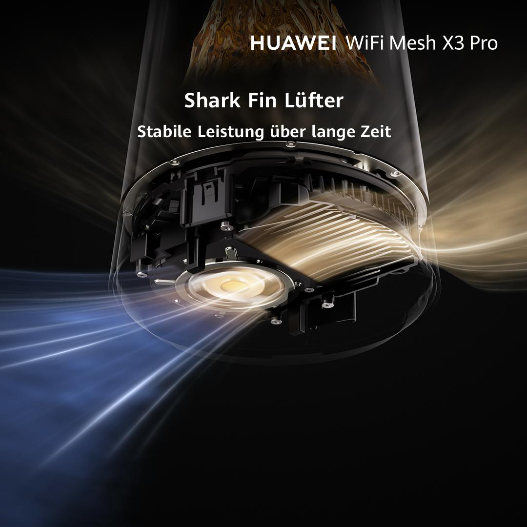 HUAWEI WiFi Mesh X3 Pro interner Lüfter mit blauer und goldener Luftströmung.