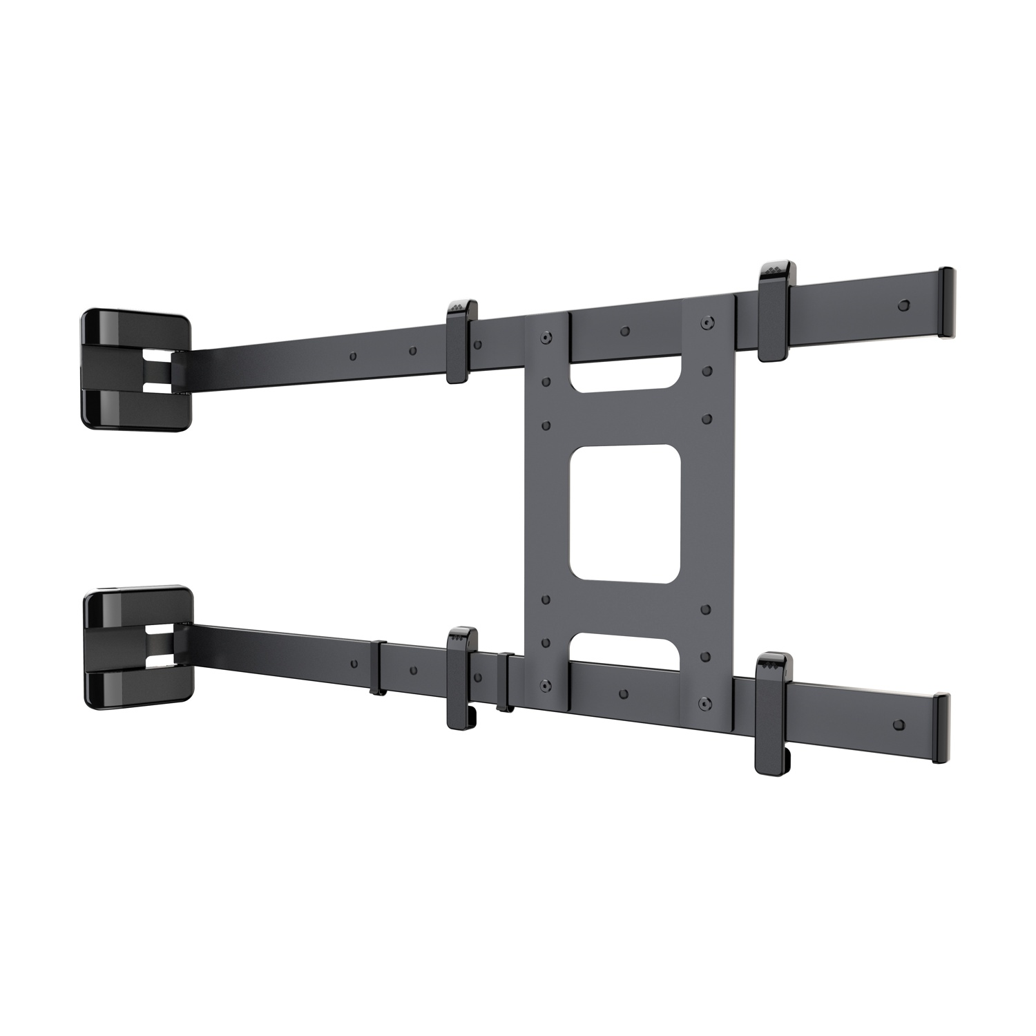 Un supporto da parete per TV nero con bracci regolabili e una piastra centrale rettangolare.