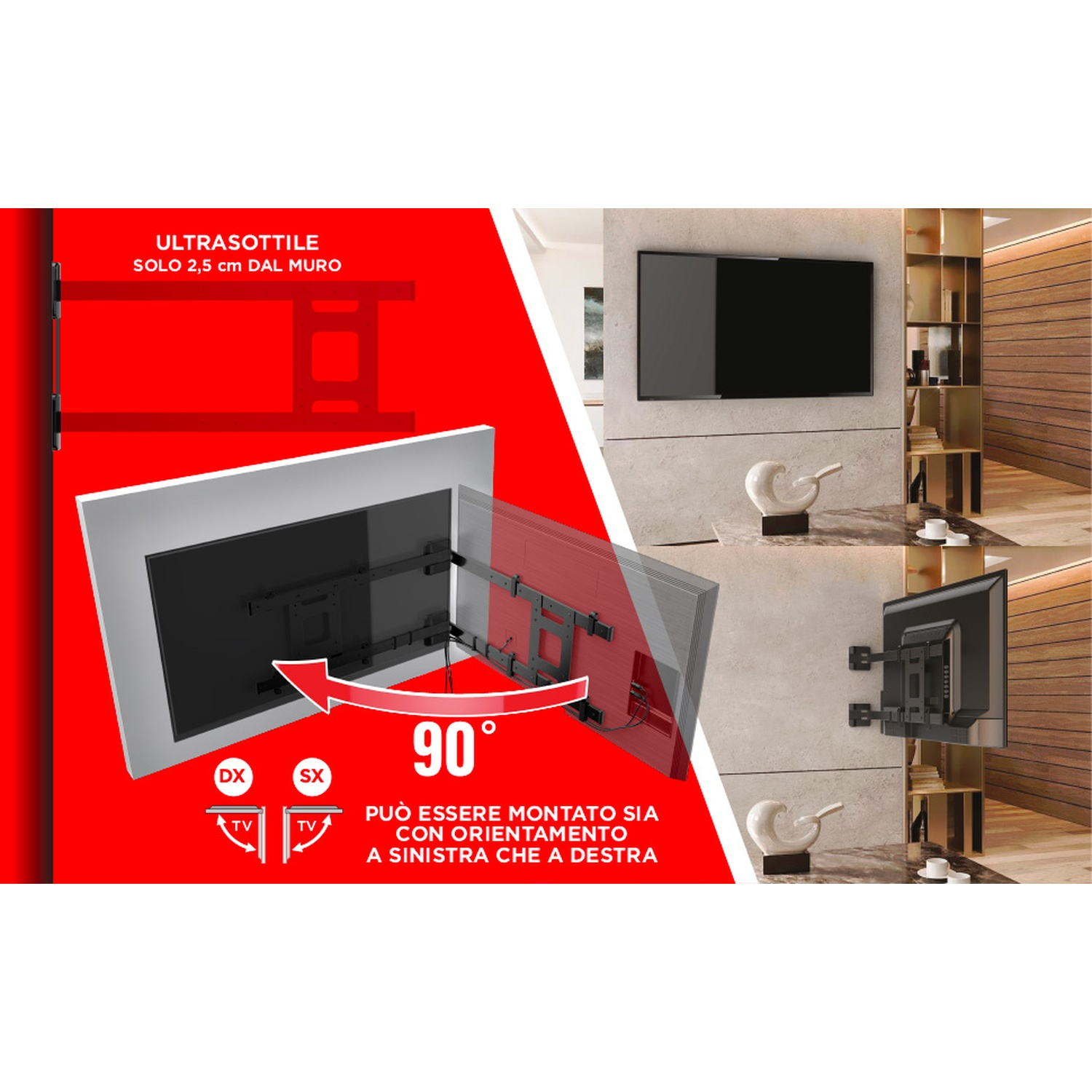 Supporto TV ultrasottile, 2,5 cm dal muro, rotazione 90°.