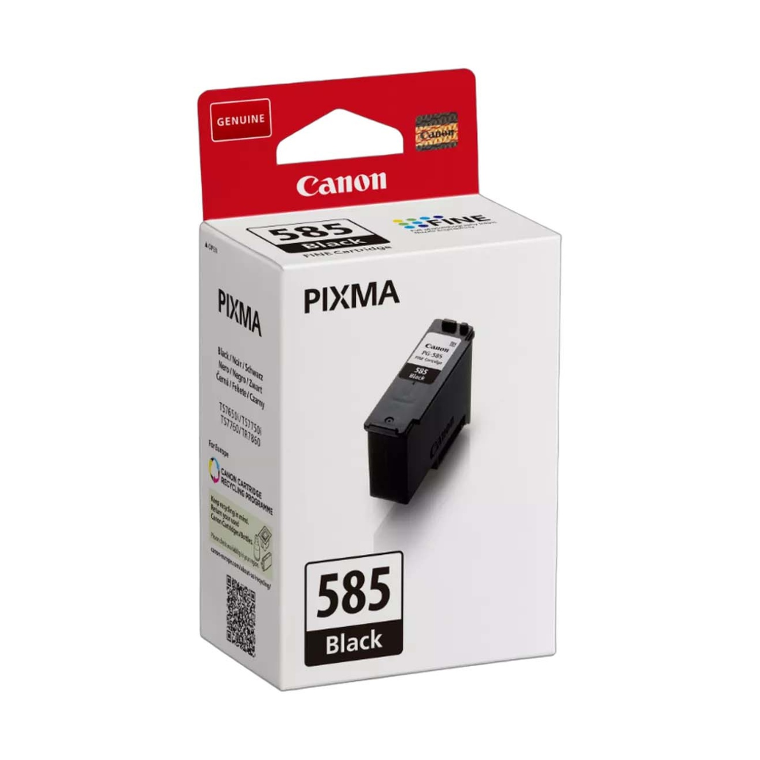 Cartuccia d'inchiostro nera Canon Pixma 585 nella confezione.