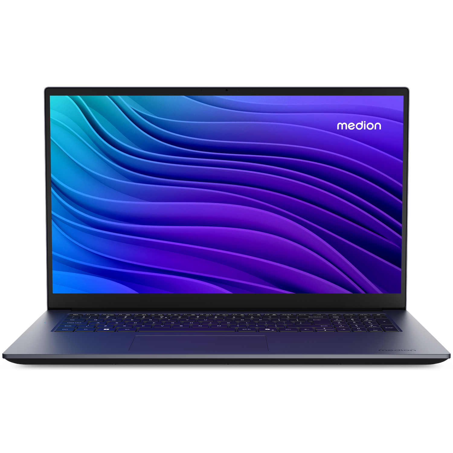 Een open laptop met een blauw en paars golvend abstract behang.