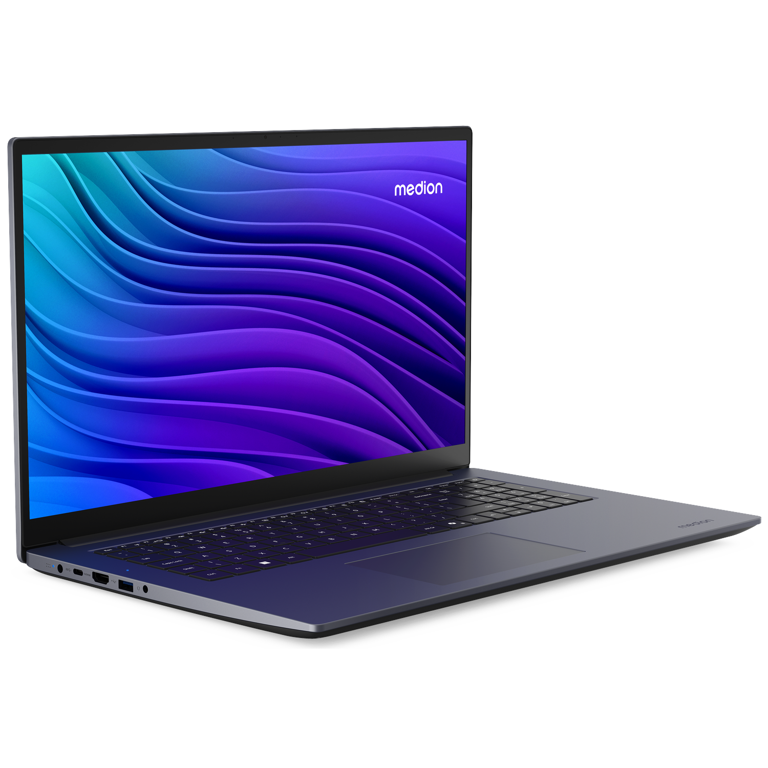 Een open laptop met een blauw-paarse golfgrafiek op het scherm.
