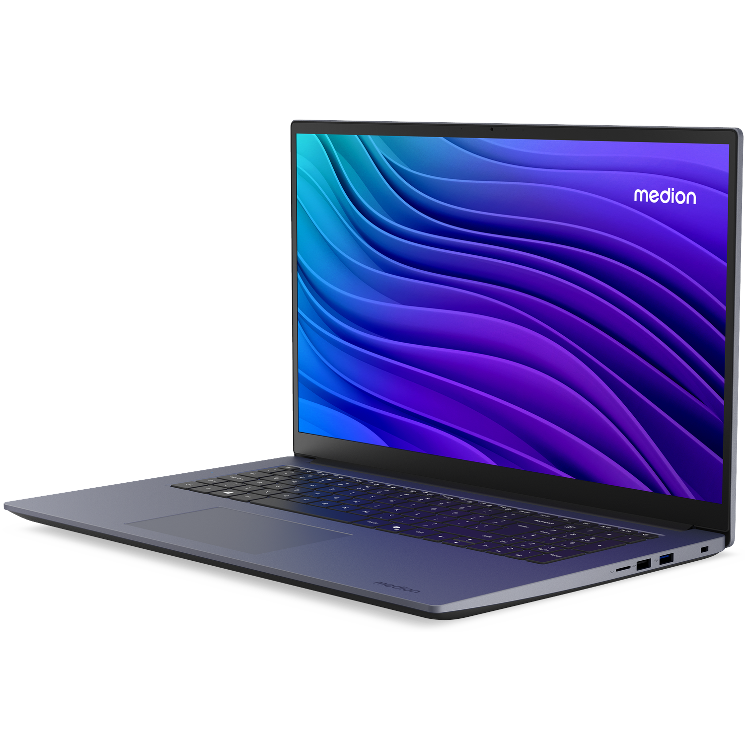 Een slanke, blauwe Medion laptop met een paars-blauw golvend patroon op het scherm.