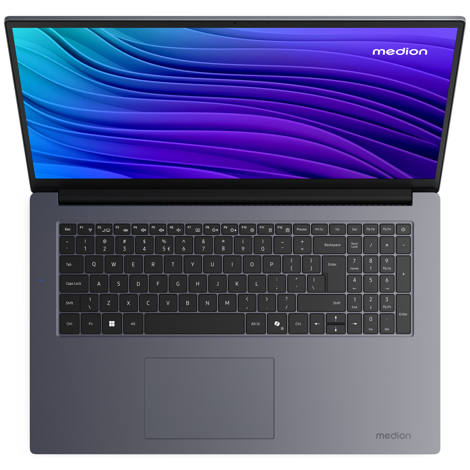 Een open Medion laptop met blauw en paars golvend patroon op het scherm.