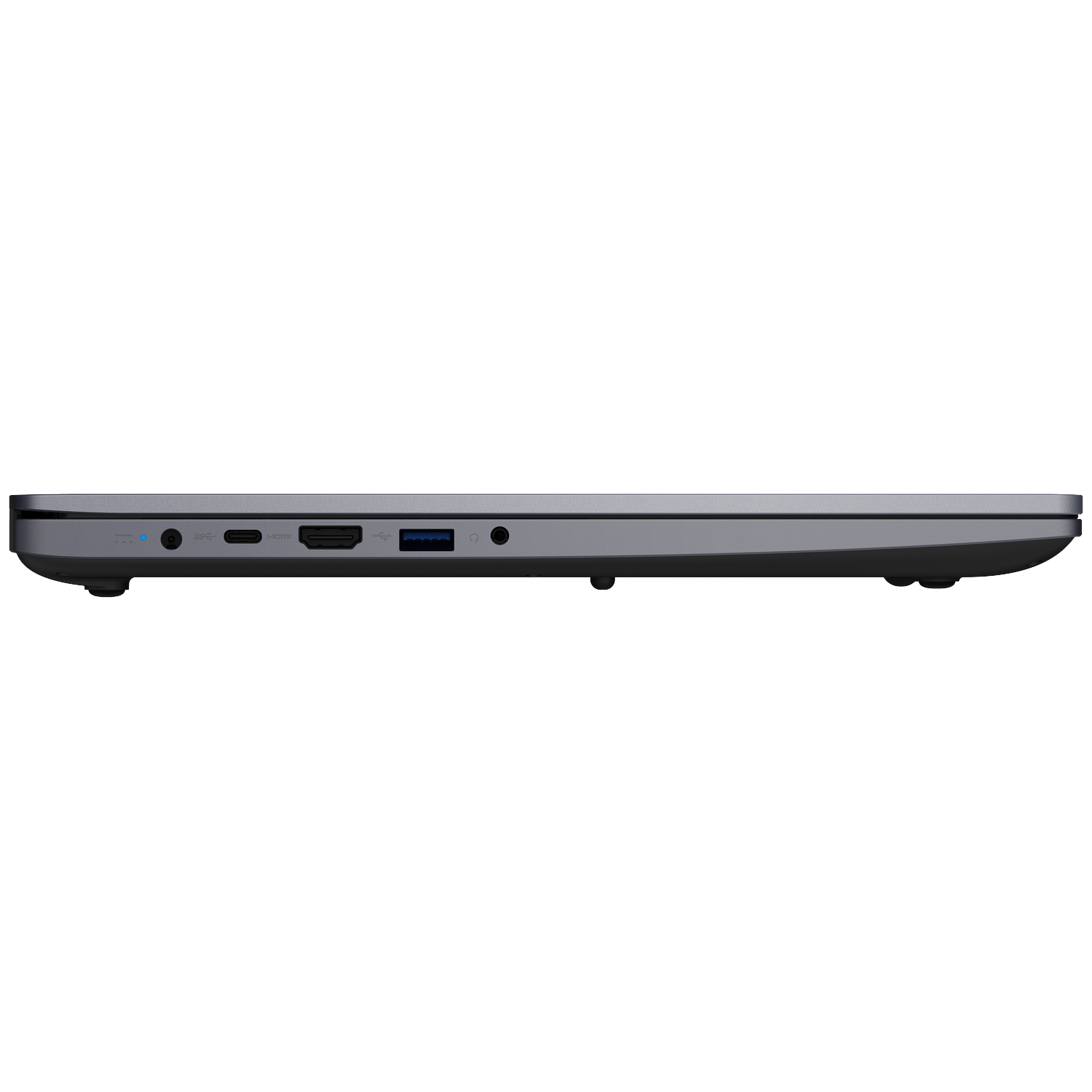Grijze laptoprand met poorten: USB, HDMI, koptelefoon.