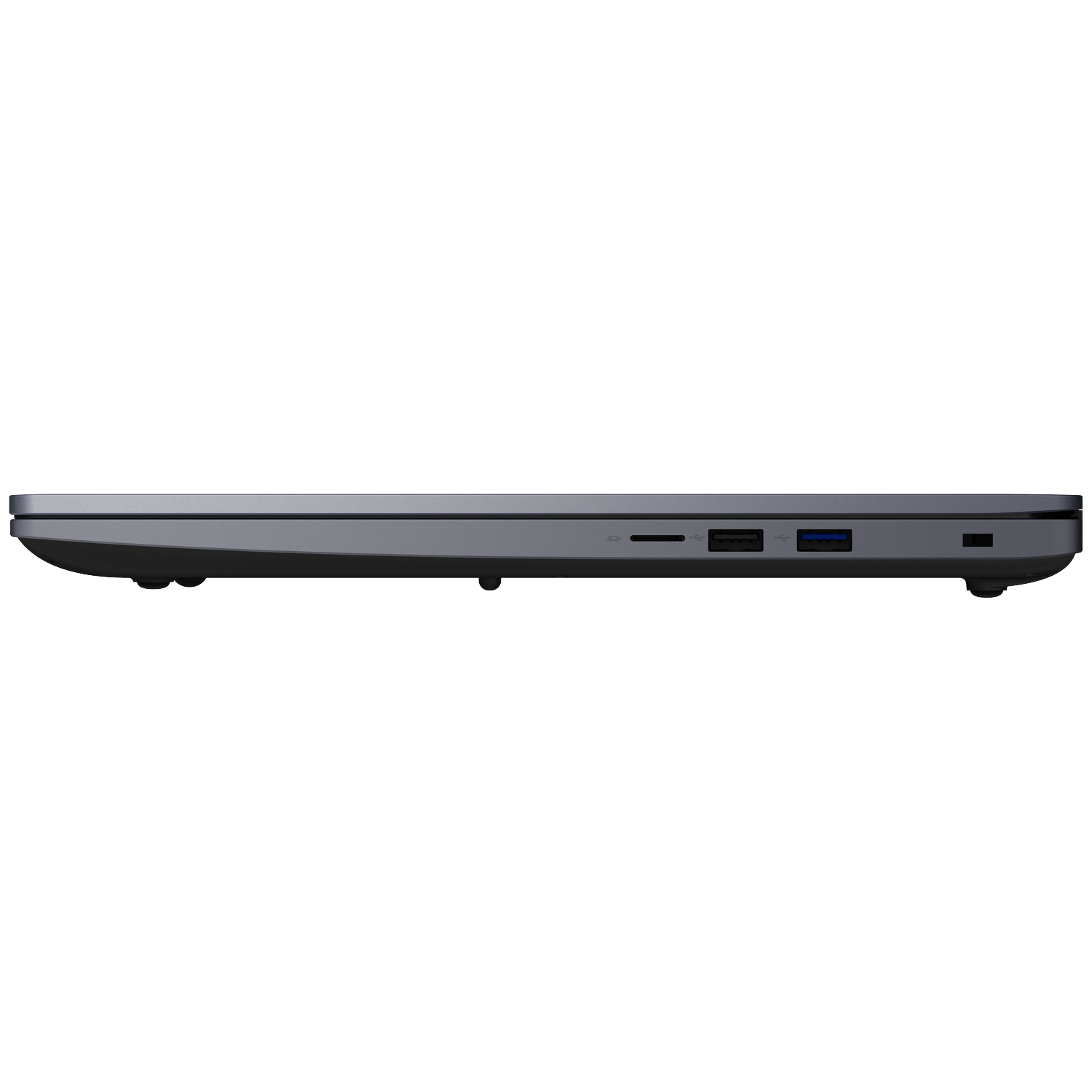 Close-up van de zijkant van een grijze laptop, met poorten: SD-kaartlezer, USB-A, USB-C.