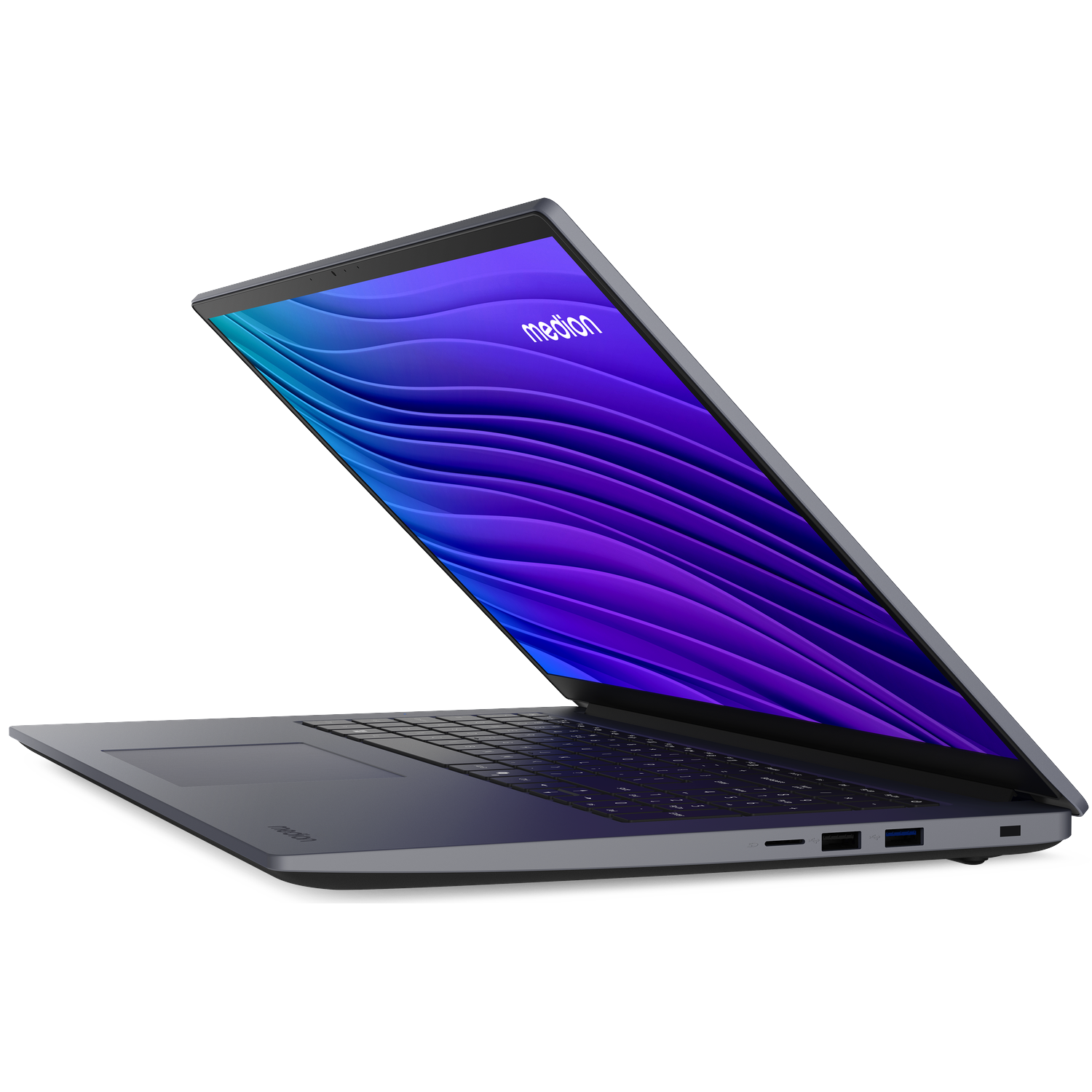 Een geopende grijze Medion laptop met een blauw-paarse golf achtergrondafbeelding op het scherm.