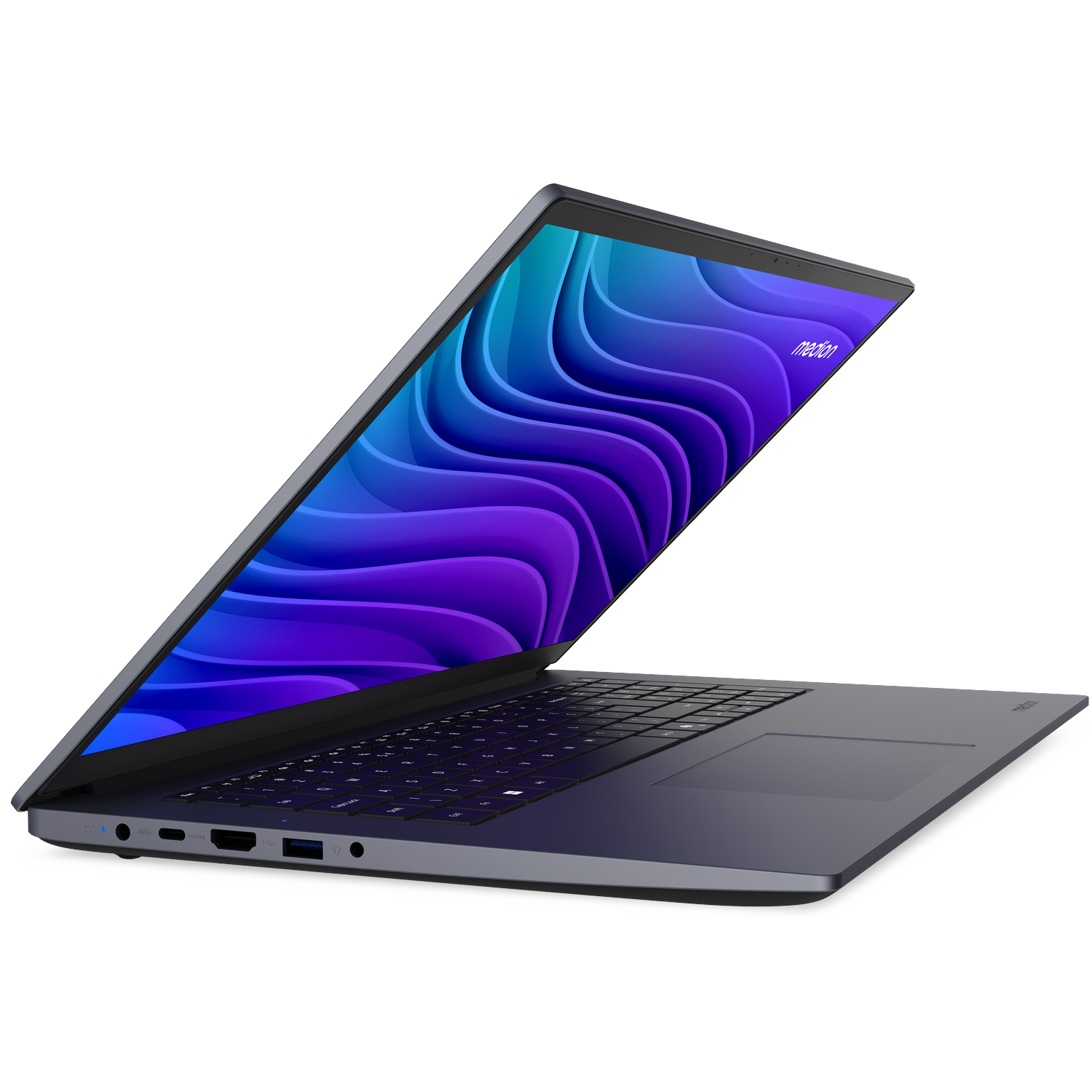 Een open laptop toont een blauw-paars golvend behang op het scherm.