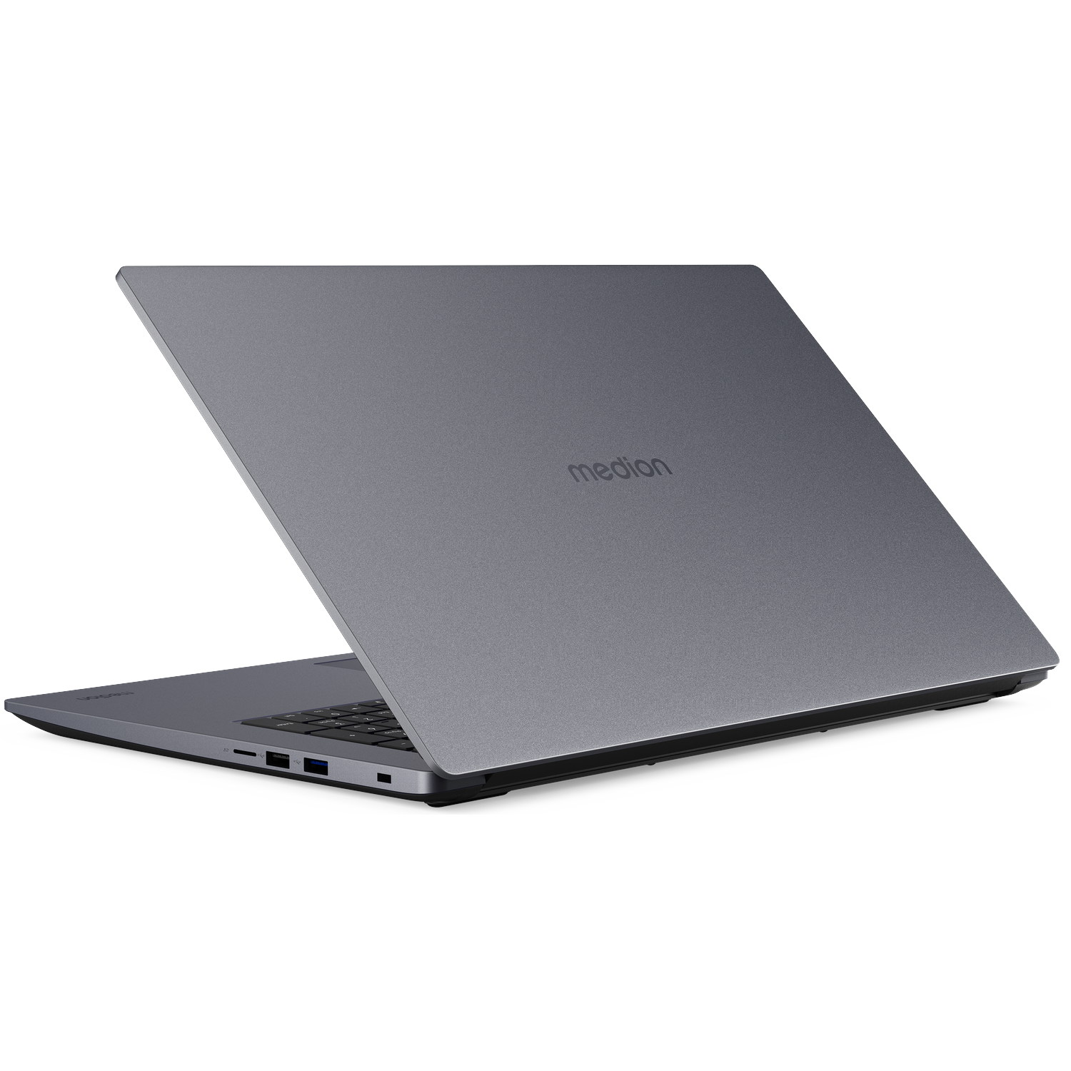 Grijze Medion laptop met deksel open, zijkant poorten zichtbaar.