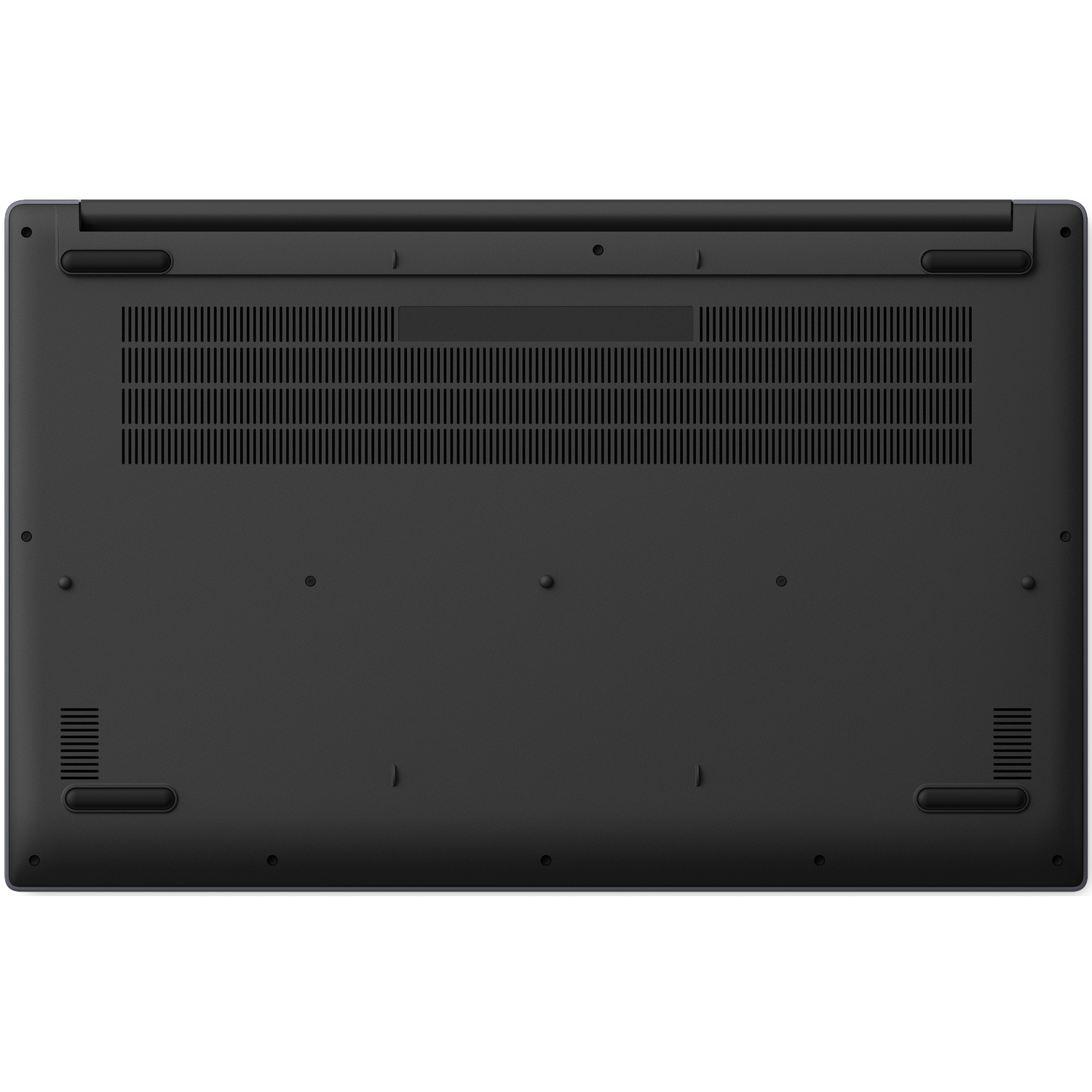 Onderkant van een zwarte laptop, met ventilatieopeningen en voetjes.