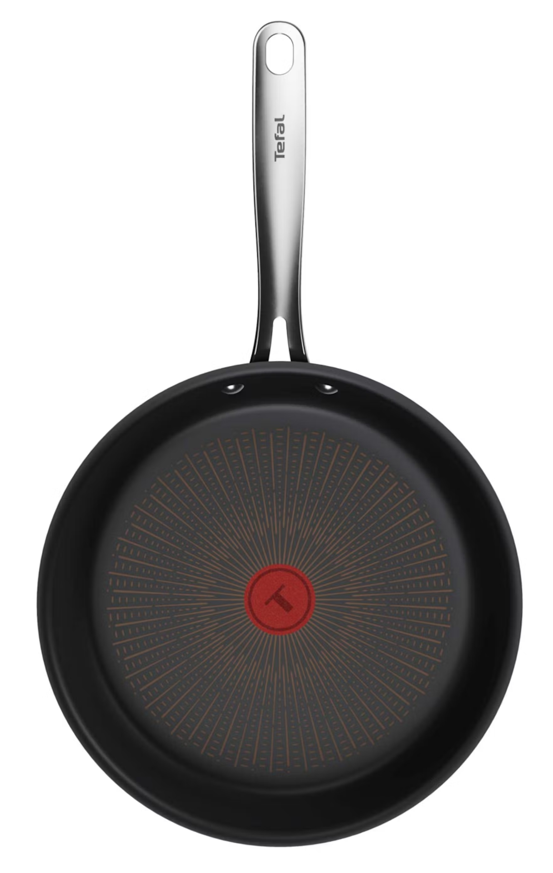 Czarna patelnia z logo Tefal i wzorem wewnątrz.
