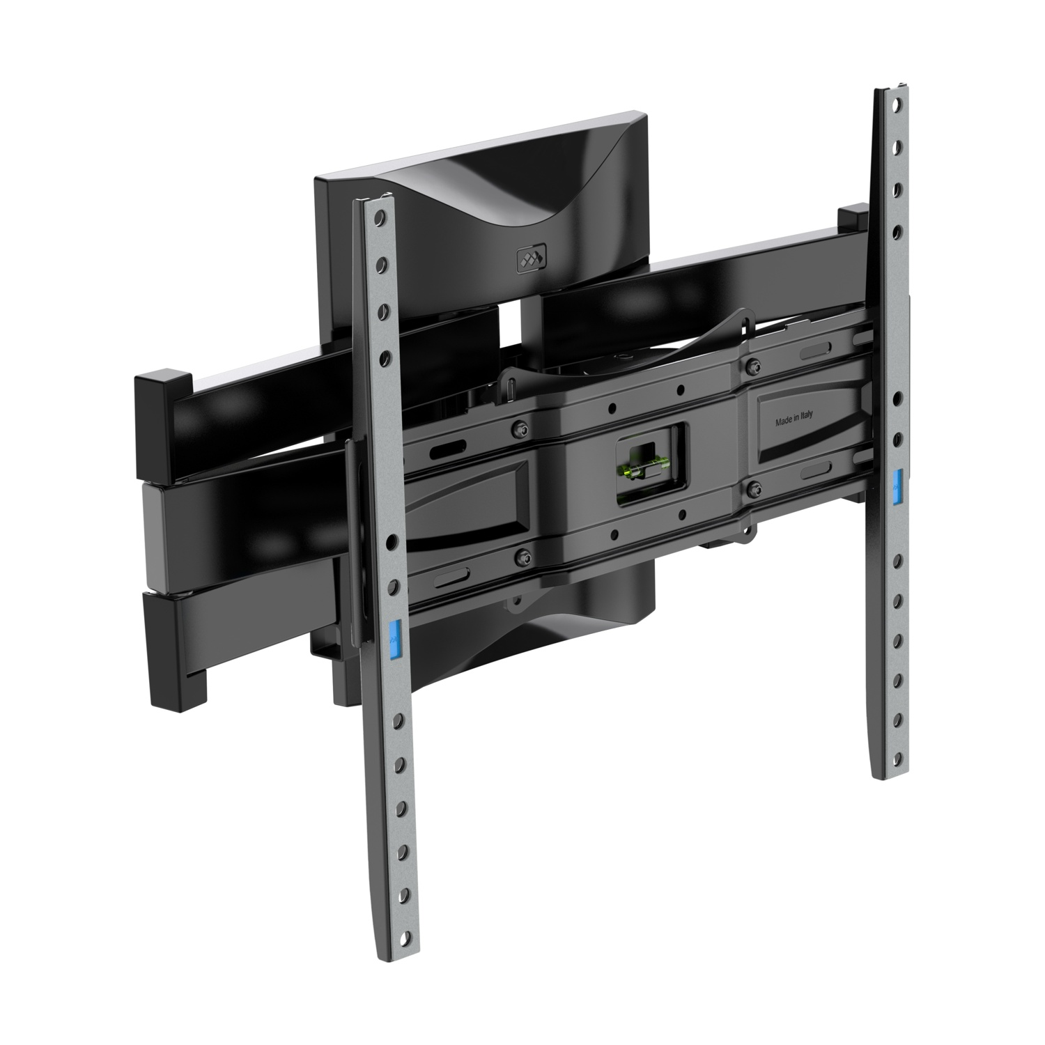 Supporto da parete TV nero estensibile con binari argentati. Made in Italy.