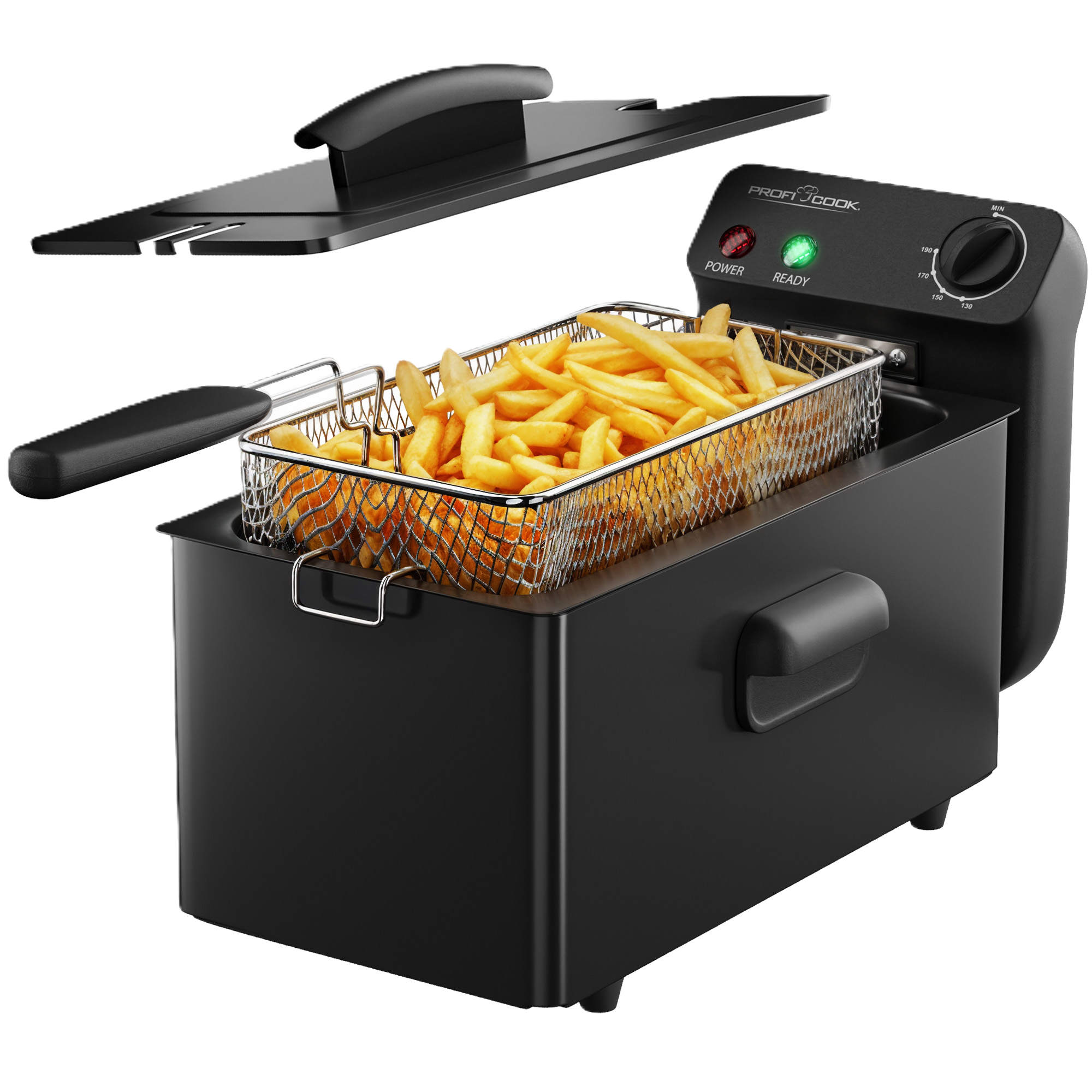 Eine schwarze Fritteuse mit einem Korb voller goldener Pommes und einem Deckel.