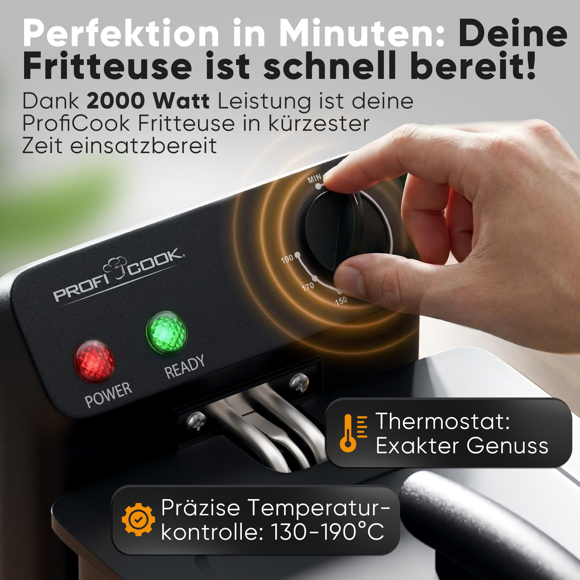 Eine Hand dreht den Temperaturregler einer schwarzen Fritteuse mit roten und grünen Lämpchen.