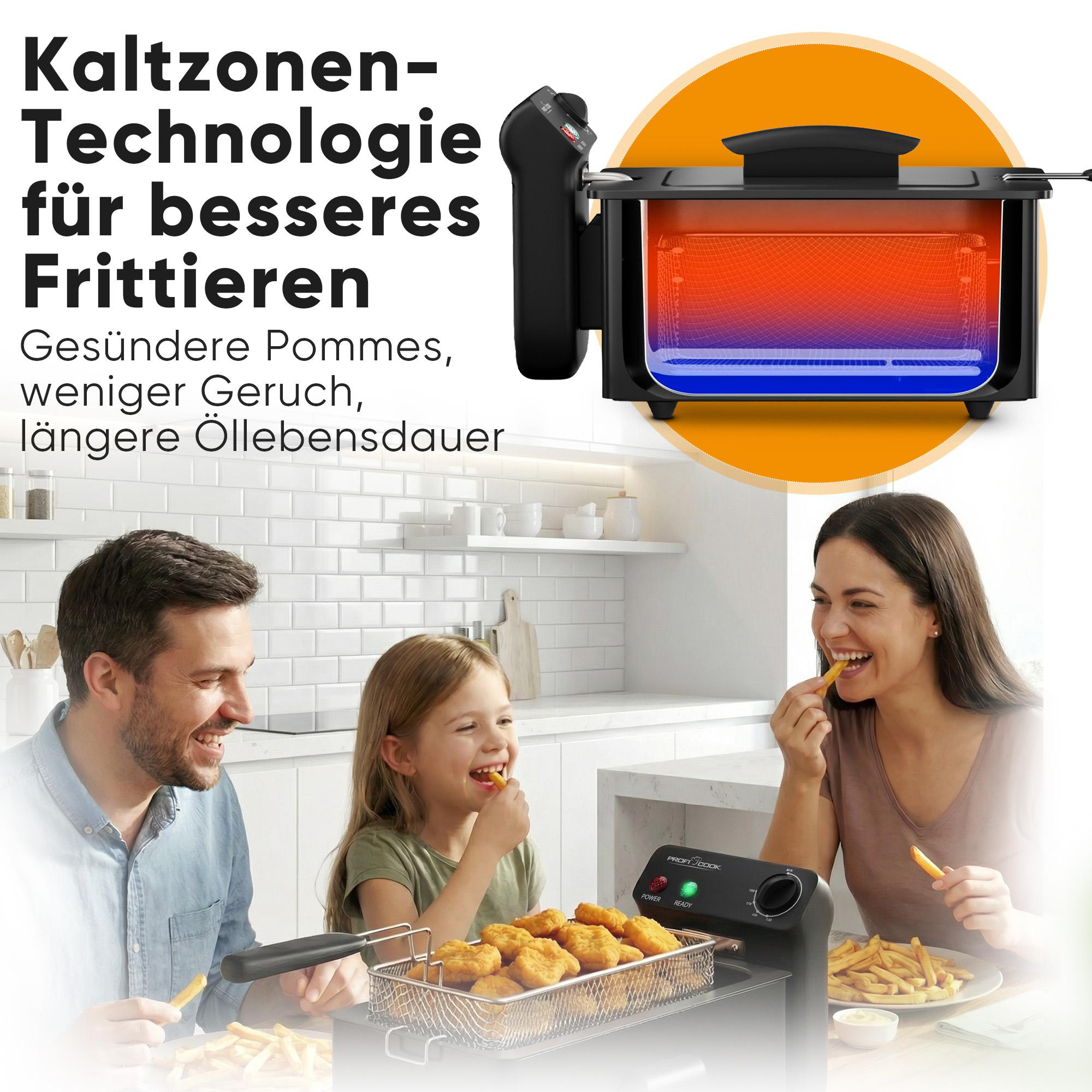 Familie isst Pommes aus einer Heißluftfritteuse. Text erwähnt Kaltzonen-Technologie.
