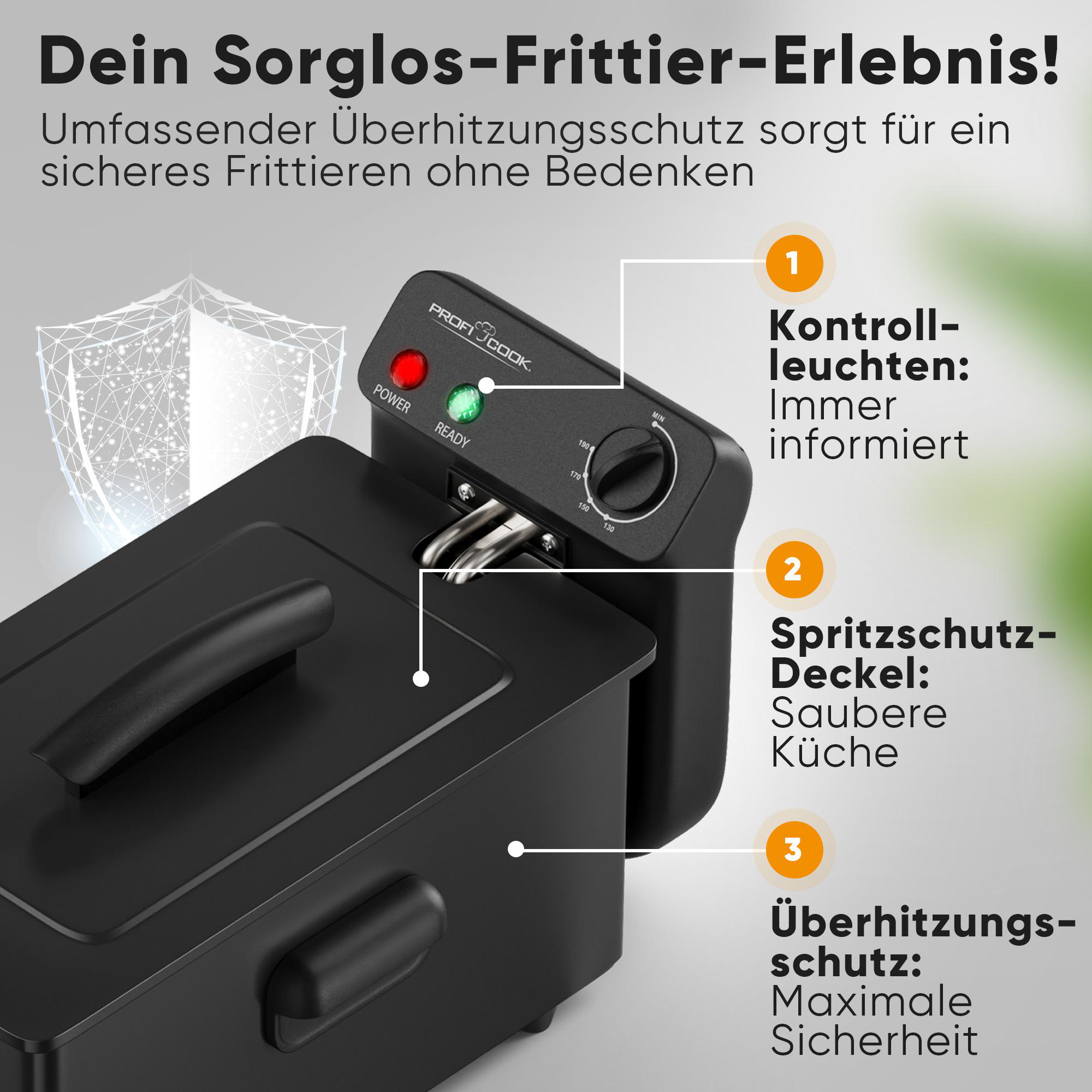 Schwarzer Fritteuse mit Kontrollleuchten, Thermostat und Schutzfunktionen.