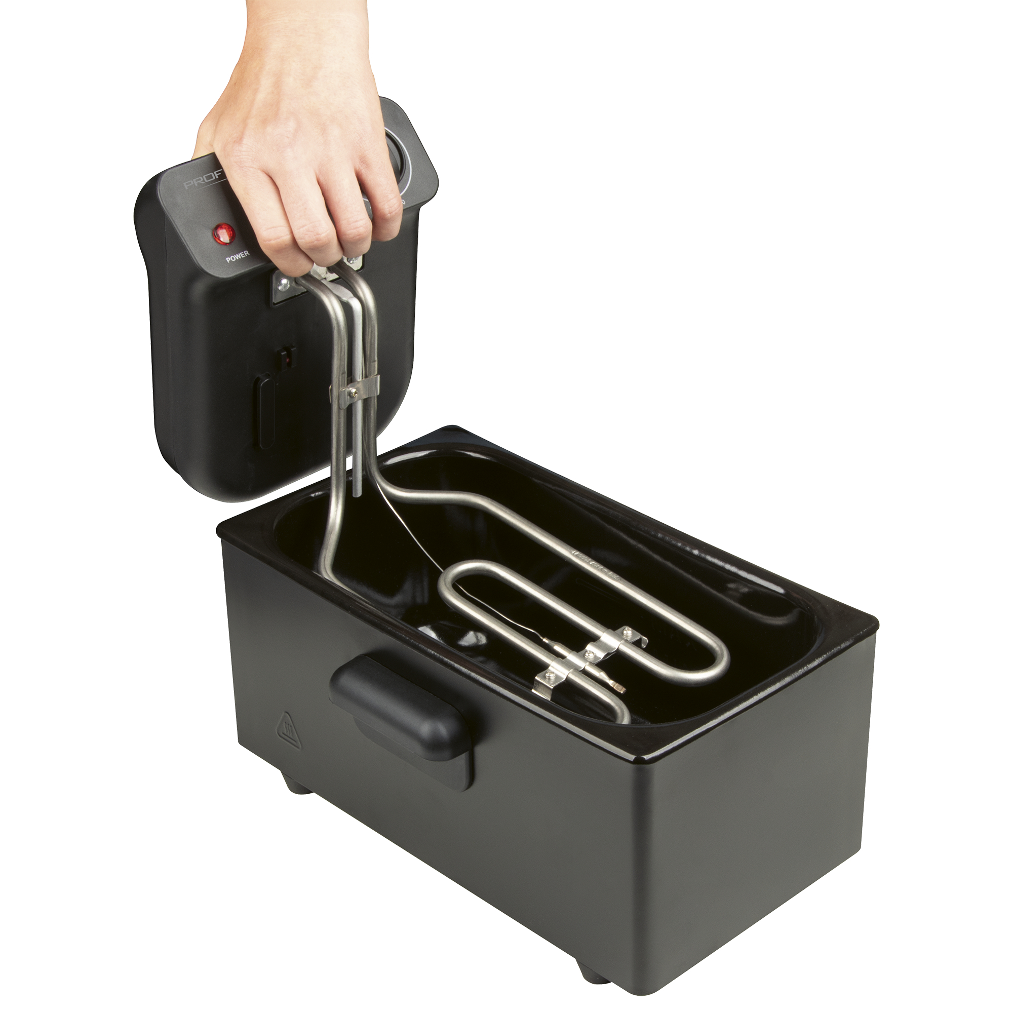 Eine Hand hebt den Deckel einer schwarzen Fritteuse mit Heizelement.