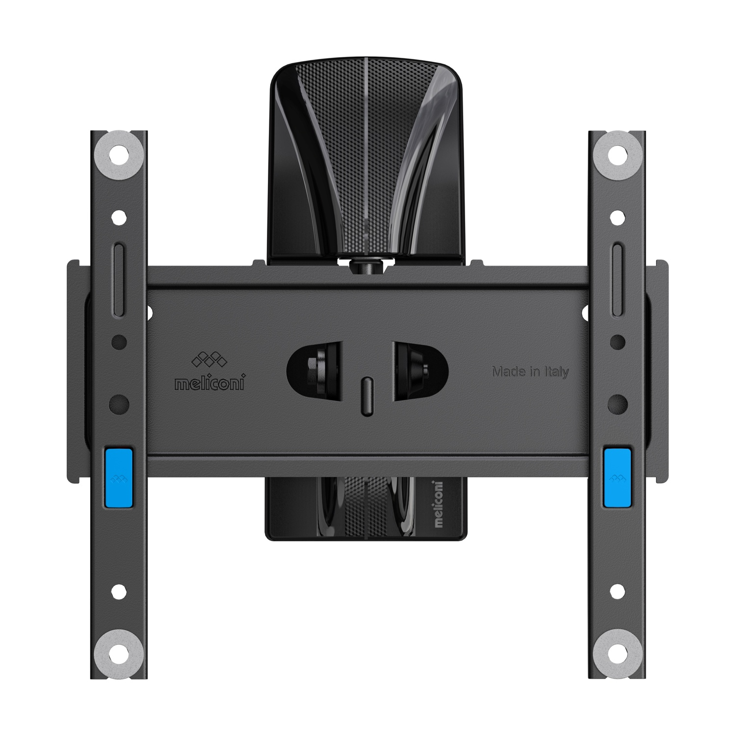 Un supporto TV nero con pulsanti blu e 