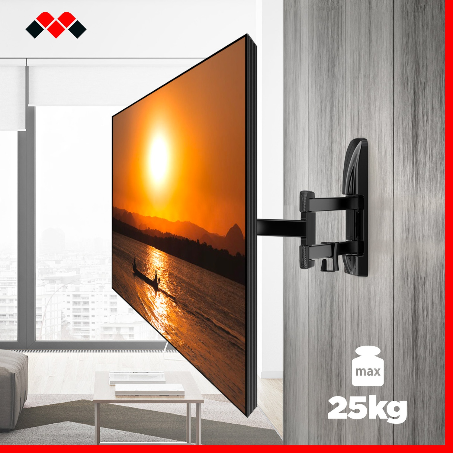 Supporto TV nero su parete in legno, mostra TV con tramonto sull'acqua. Max 25kg.