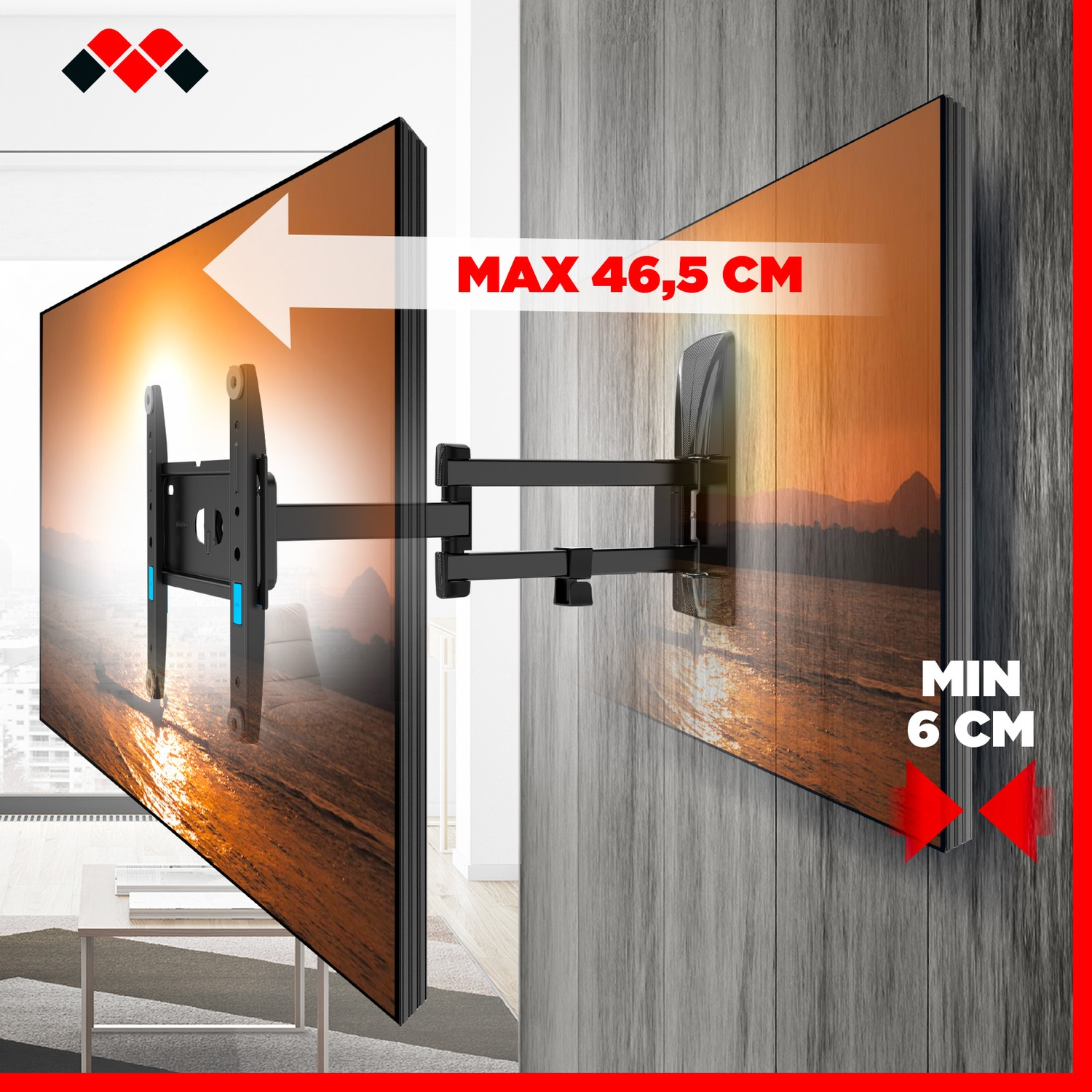 Supporto TV da parete nero, estensione massima 46,5 cm.
