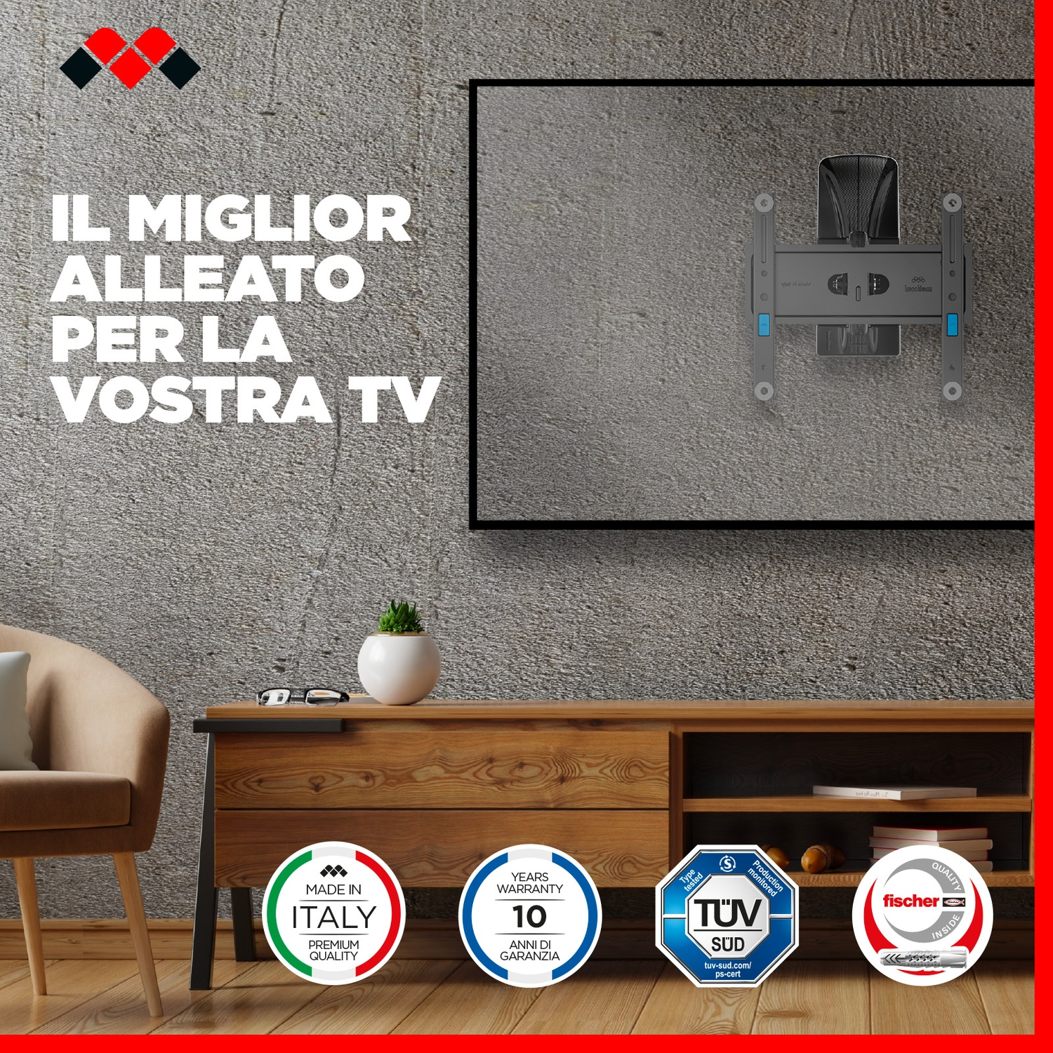 Un salotto moderno con un supporto a muro per un televisore.