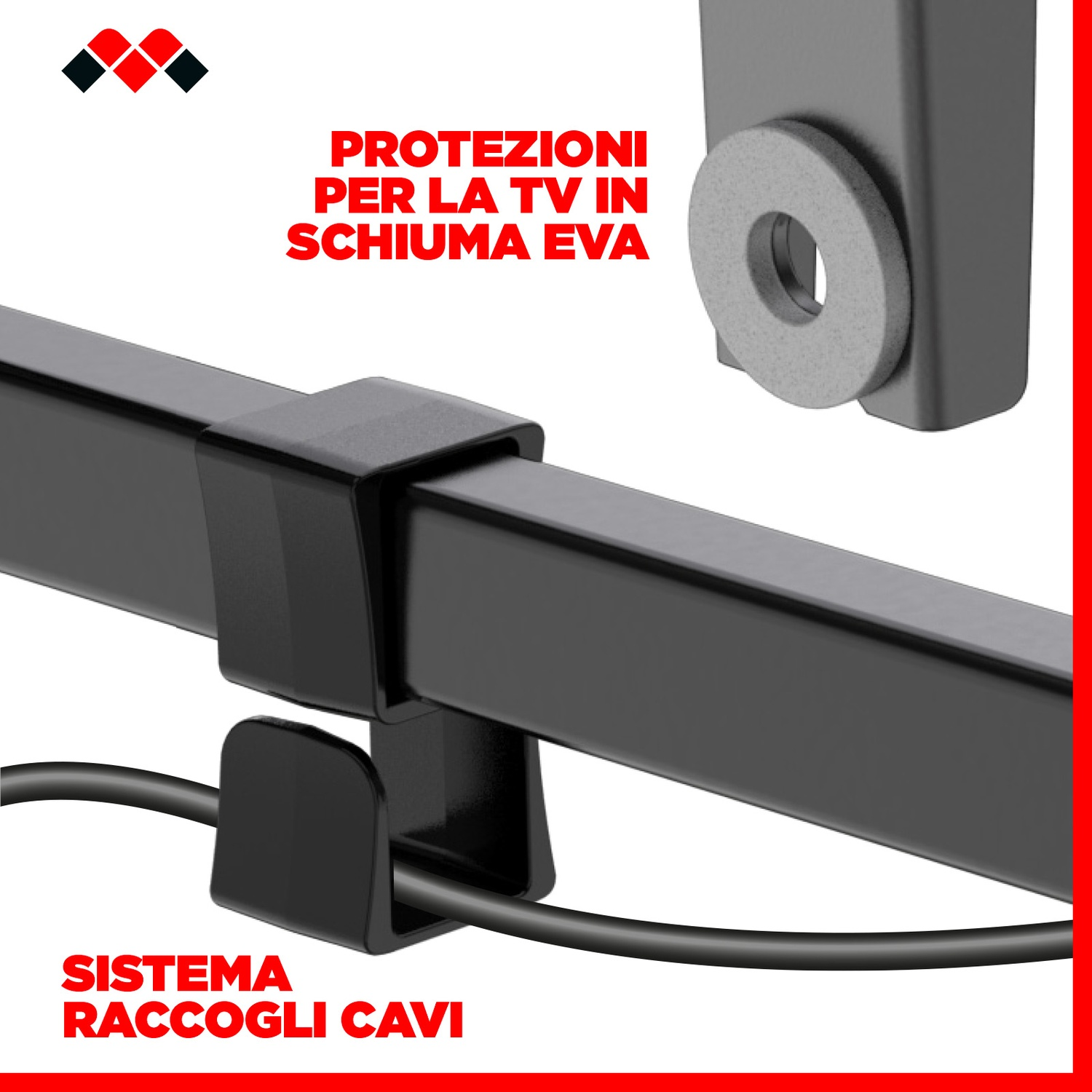 Braccio metallico nero anodizzato con gestione cavi e protezione EVA.