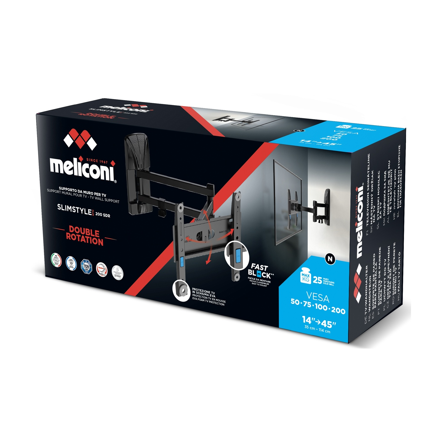 Confezione di un supporto da muro TV Meliconi, Slimstyle 200 SDR, nero.