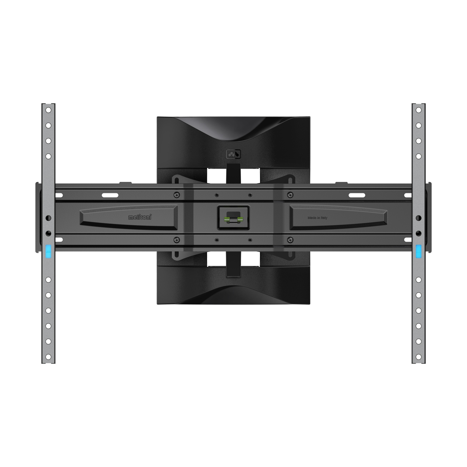 Supporto TV da parete nero con bracci estensibili e livella.